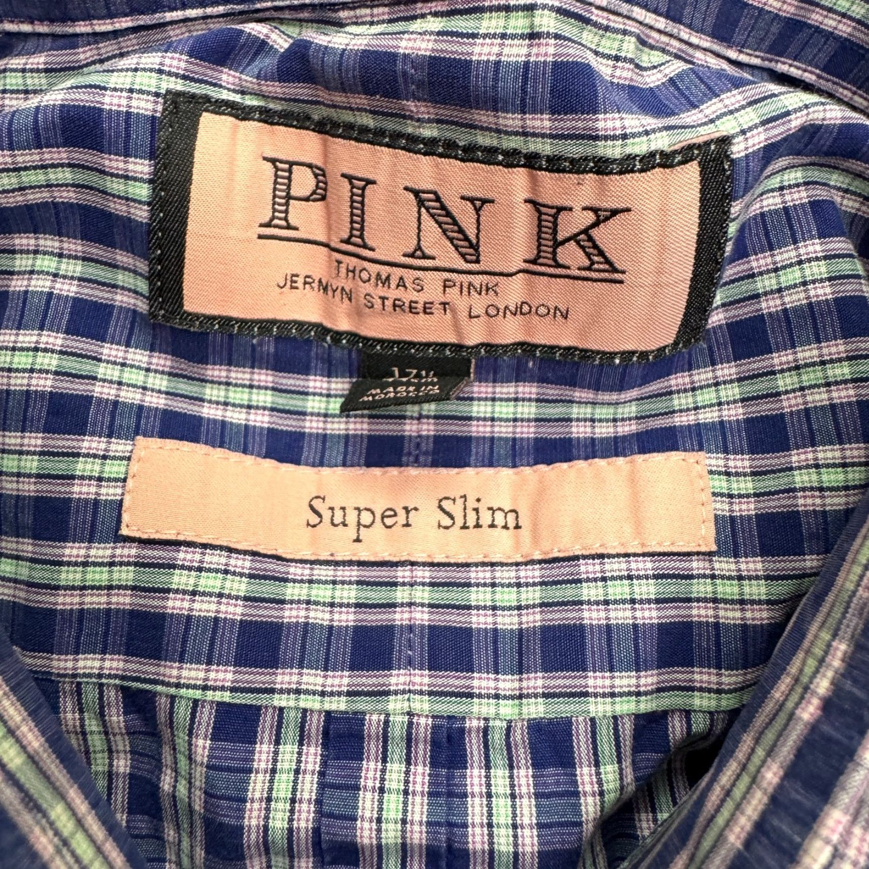 Pinko VINTAGE Thomas Pink Mens Dress Shirt Button-Up Slim Fit Long Sleeve Collared Cotton Plaid Blue Purple Green 44cm Size 44R - 7 Thumbnail