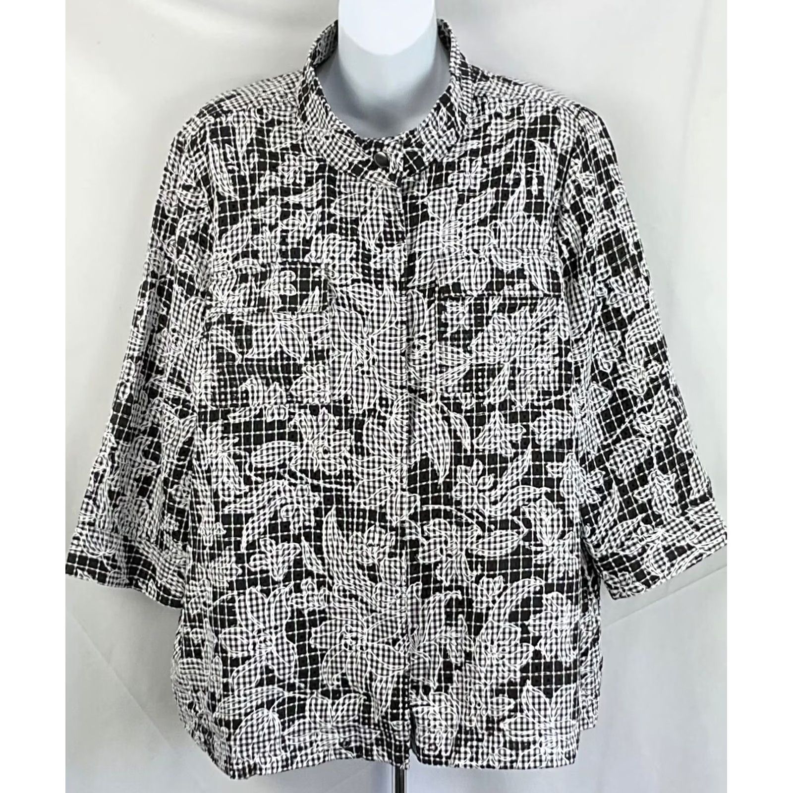 Vintage CJ Banks Jacket Shacket Floral 3/4 Sleeve Mock Neck Pockets Short 1X Black Women Jacket Size XL / US 12-14 / IT 48-50 - 5 Thumbnail