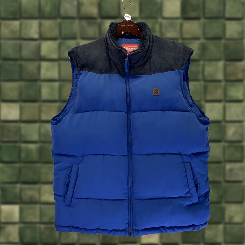 Vintage Coleman Vest Mens Blue W/Faux Suede Puffer Size L Regular Zip Open Front Outdoor Winter 8679 Size US L / EU 52-54 / 3 - 1 Thumbnail