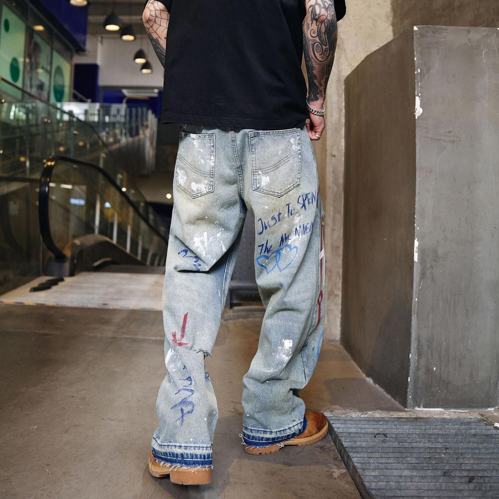 Japanese Brand Light Blue Graffiti Distressed Baggy Jeans, Loose Fit Denim Size US 30 / EU 46 - 3 Thumbnail