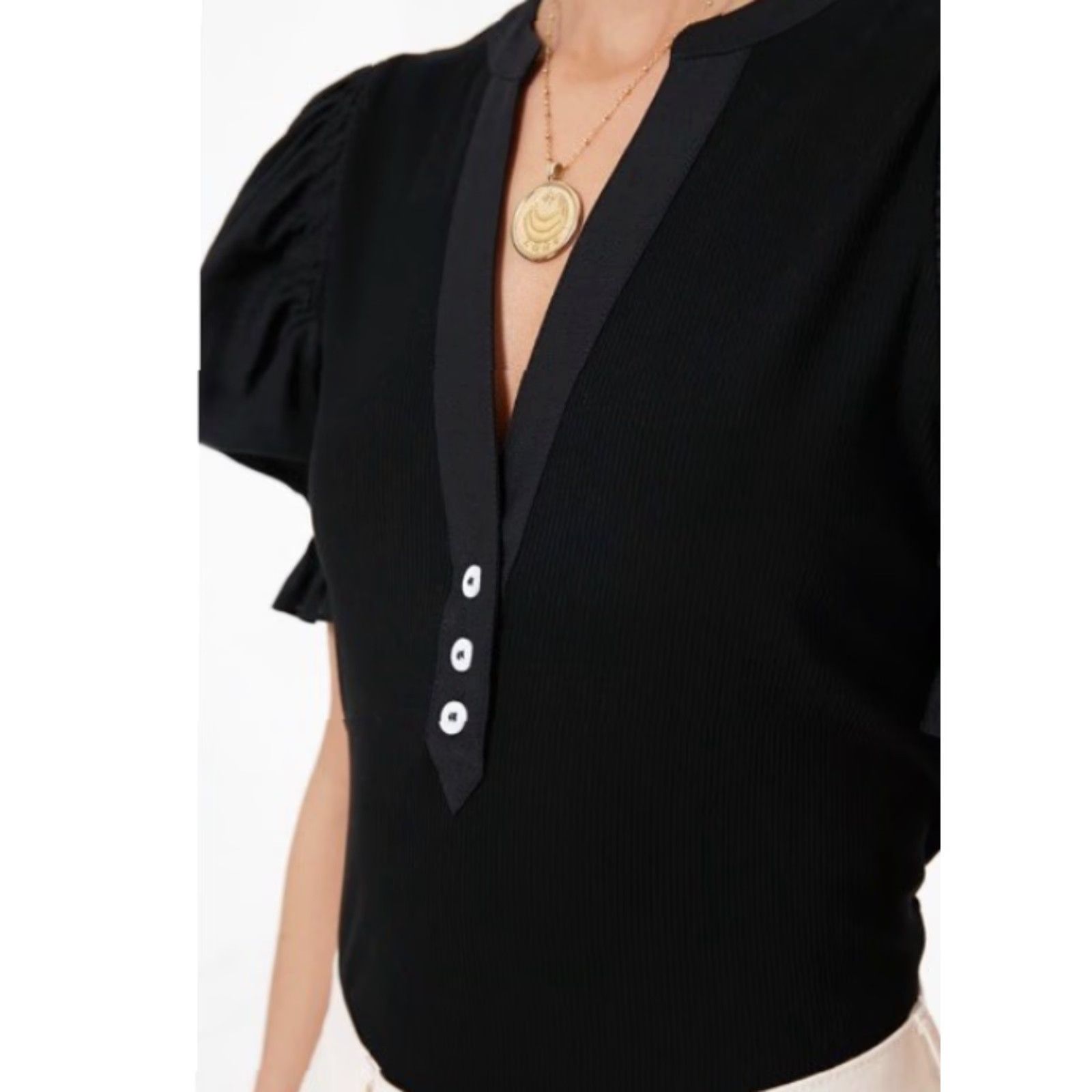 Vintage Tuckernuck Livia Top Black Puff Sleeve Henley Knit Tee Short Sleeve Ribbed Polyester Rayon Spandex T-Shirt Womens Small NWOT Size S / US 4 / IT 40 - 2 Thumbnail