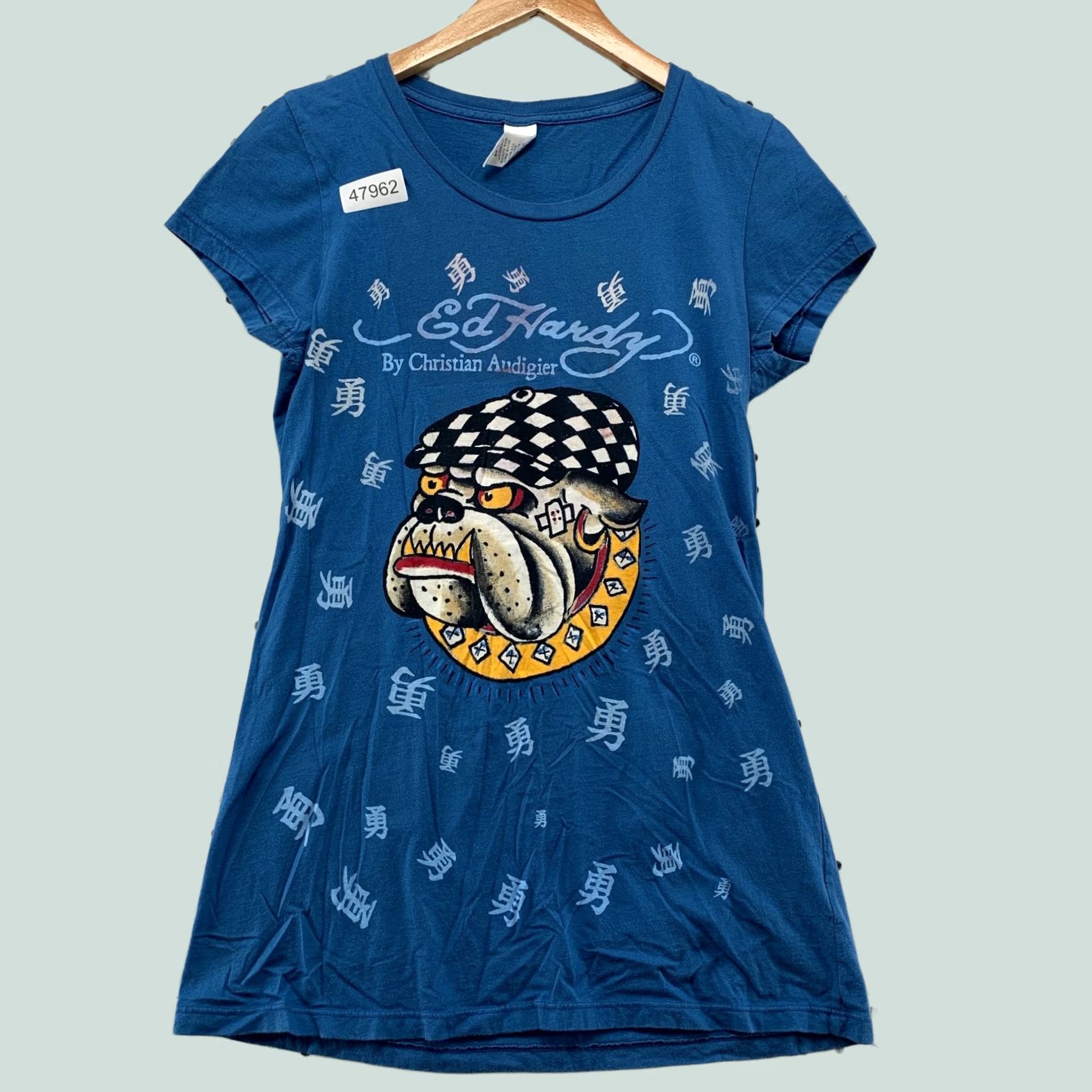 Ed Hardy VINTAGE Ed Hardy Bull Dog Top Womens L Beige Rhinestone Studded Y2K Shirt Womens LL? Size L / US 10 / IT 46 - 1 Thumbnail
