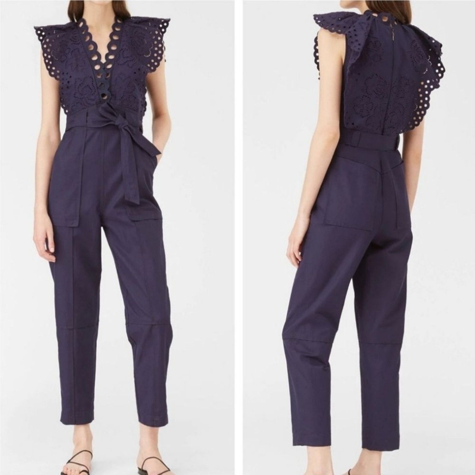 Rebecca Taylor Rebecca Taylor Indigo Ariana Lace Linen Jumpsuit Size 8 NEW Size 30" / US 8 / IT 44 - 1 Thumbnail