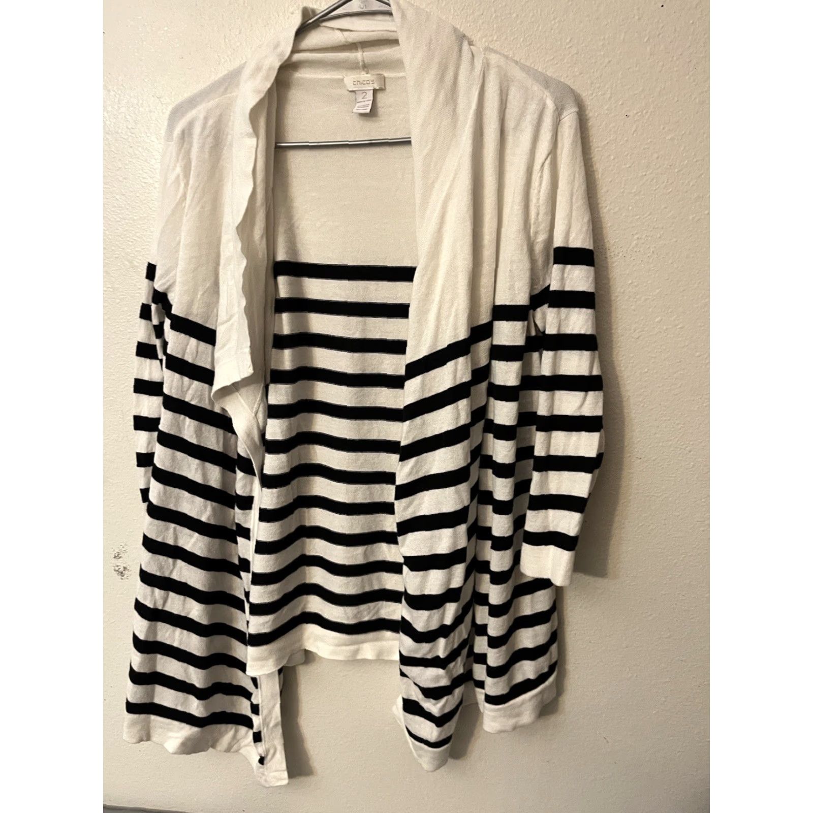 Vintage Chico’s Cardigan Sweater Open Front Striped Lightweight Ivory Black Size 2 Womens Size XS / US 0-2 / IT 36-38 - 2 Thumbnail