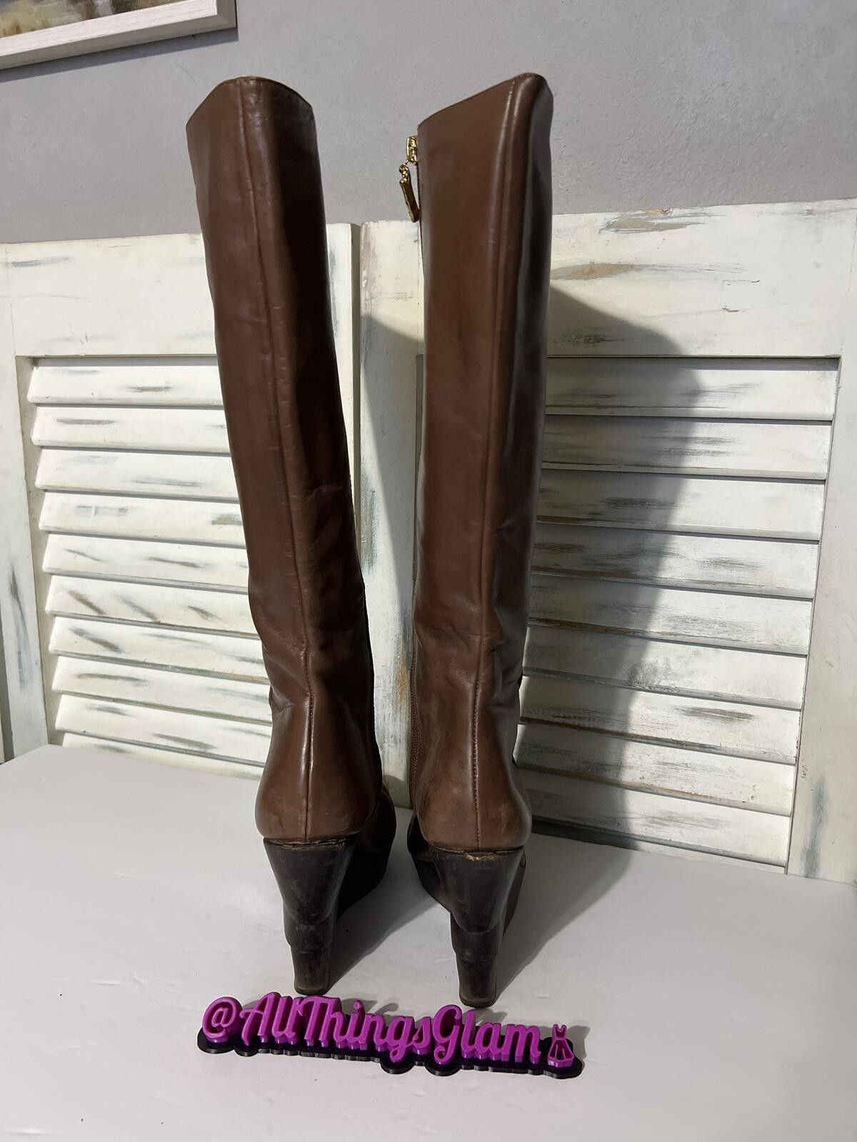 Diane von Furstenberg DVF Brown Leather Wedge Knee-High Boots Gold Zipper 8.5 Size US 8.5 / IT 38.5 - 5 Thumbnail
