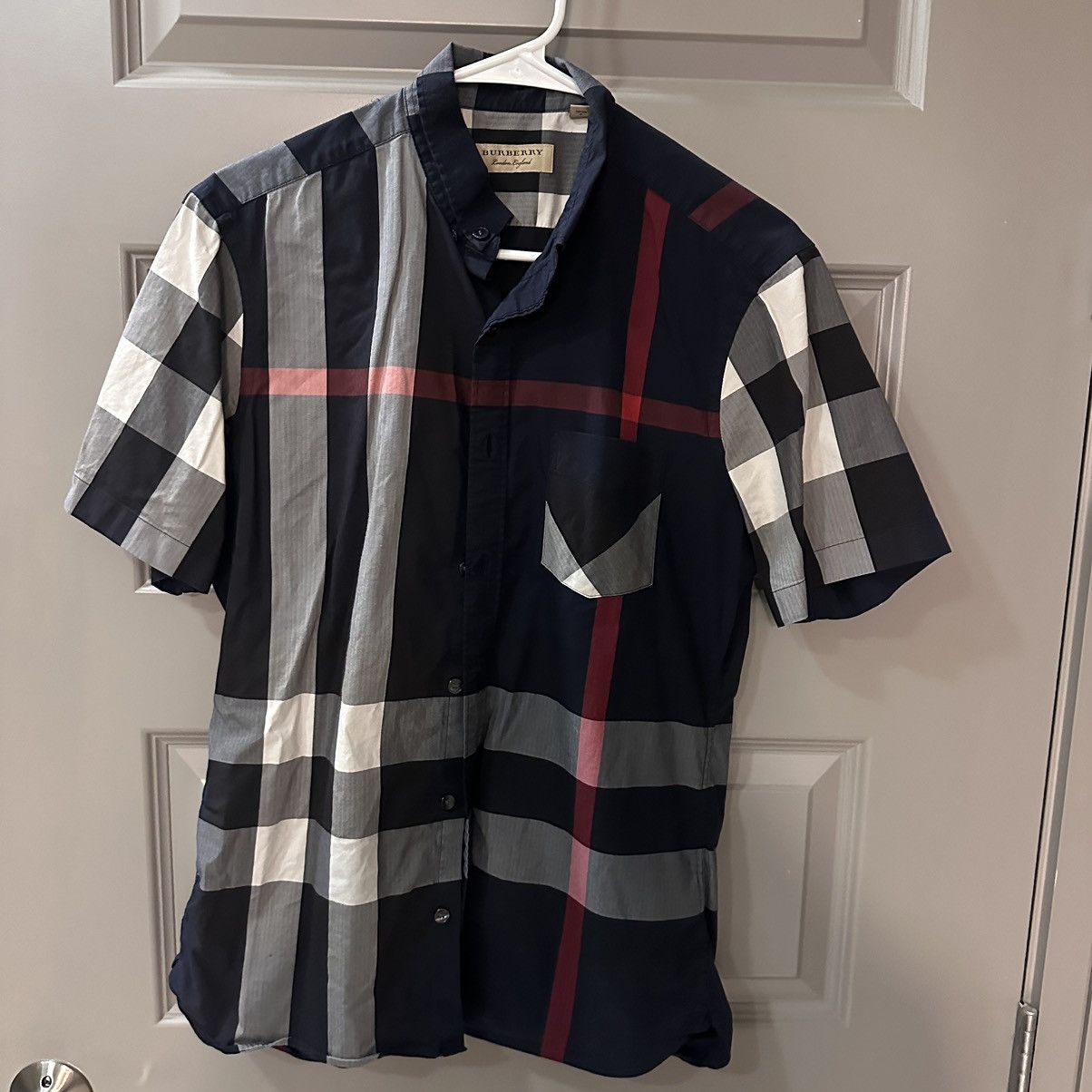 image of Burberry Plaid Button Up Short Sleeve in Blue, Men's (Size Small)