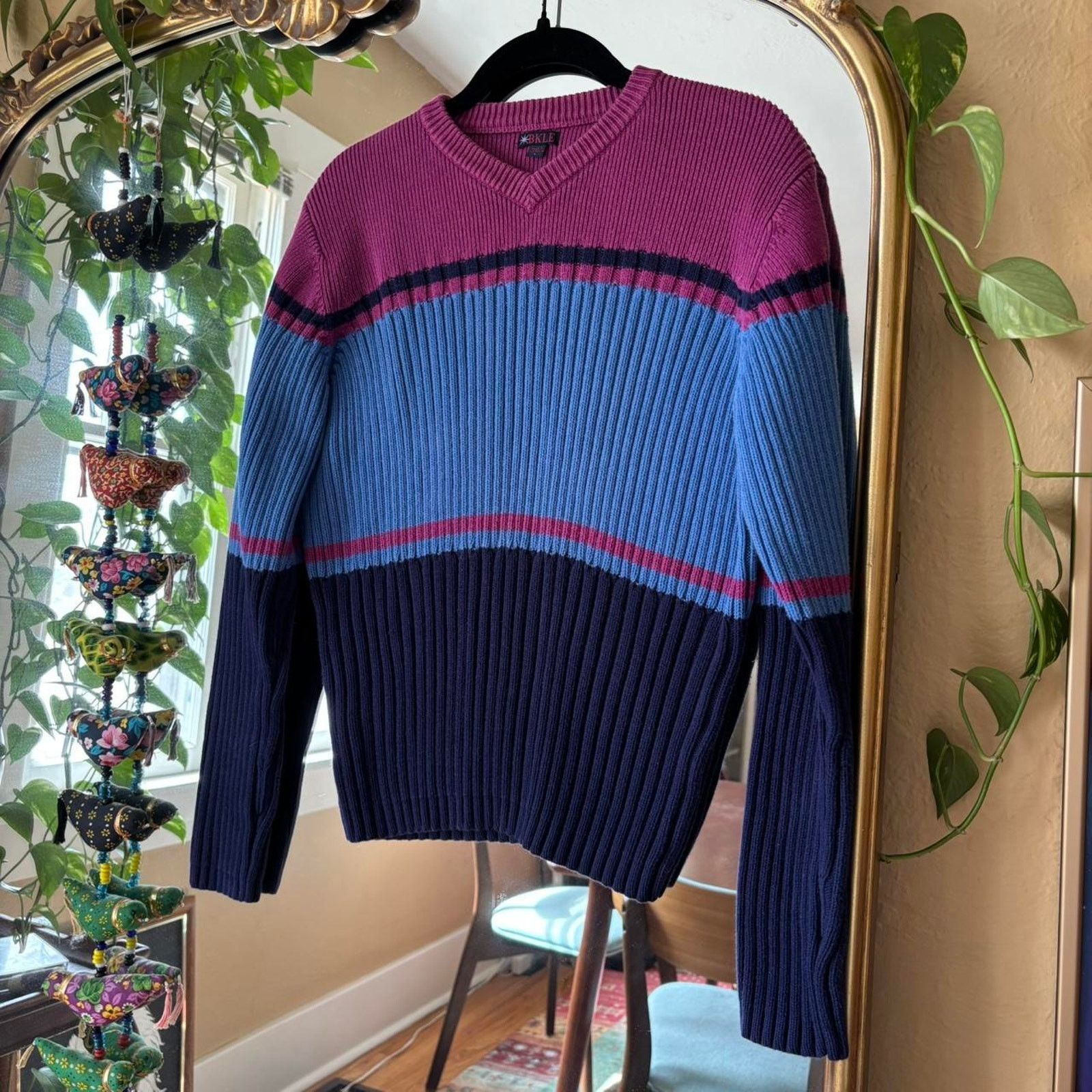 Vintage Vintage BKLE 90s Stripe Ribbed V-Neck Sweater Large Y2K Size L / US 10 / IT 46 - 2 Thumbnail