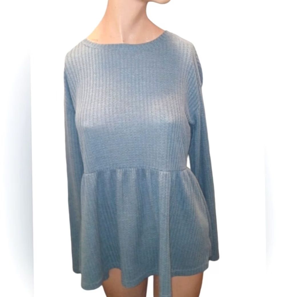 Shein SHEIN Waffle Knit Long Sleeve LARGE Blouse Women Blue Round Neck Cropped Knit Shirt L Size L / US 10 / IT 46 - 2 Thumbnail