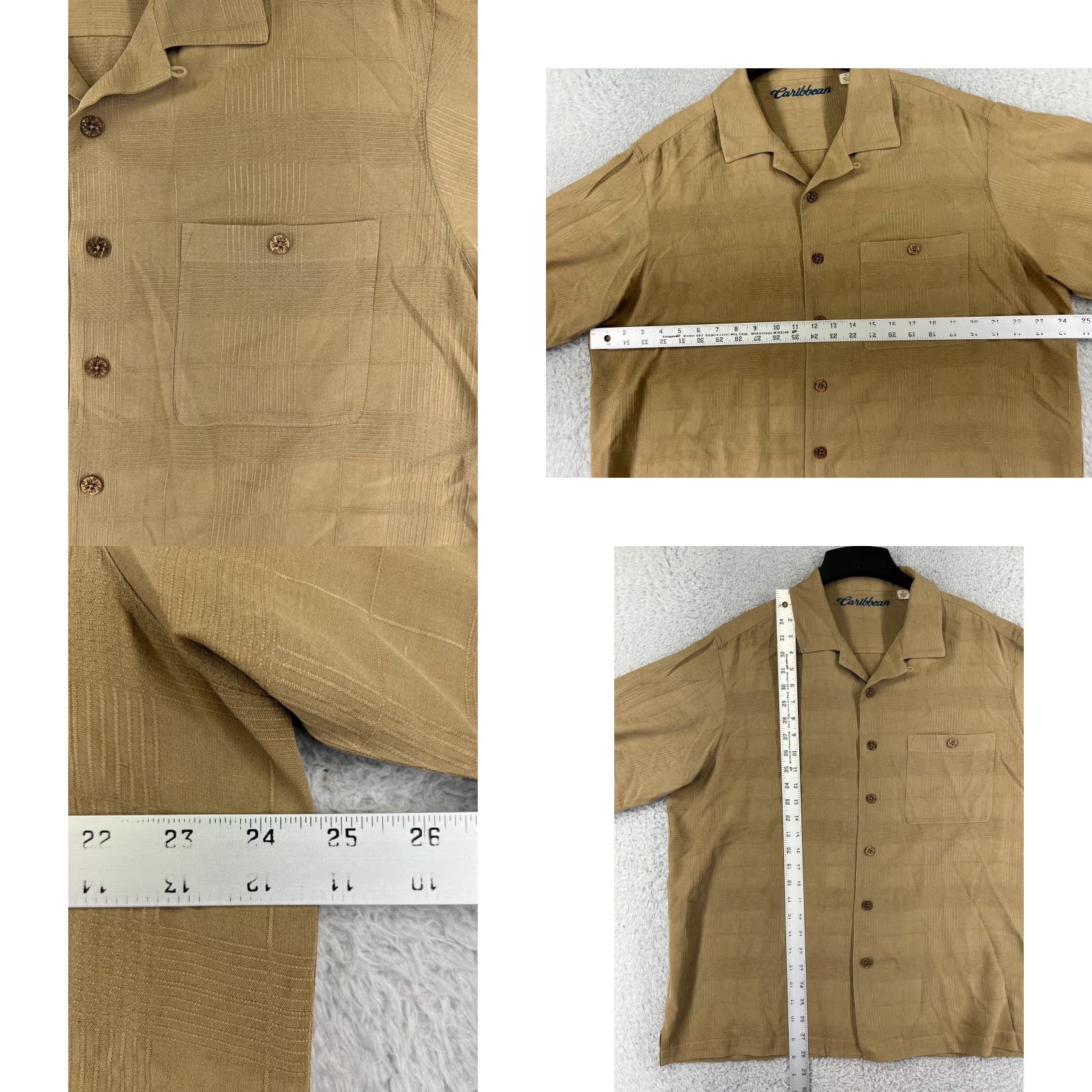 Vintage Caribbean Men's Large Beige Short Sleeve Button-Up Shirt Geometric Pattern 100% Silk Aloha Outdoor Size US L / EU 52-54 / 3 - 8 Thumbnail