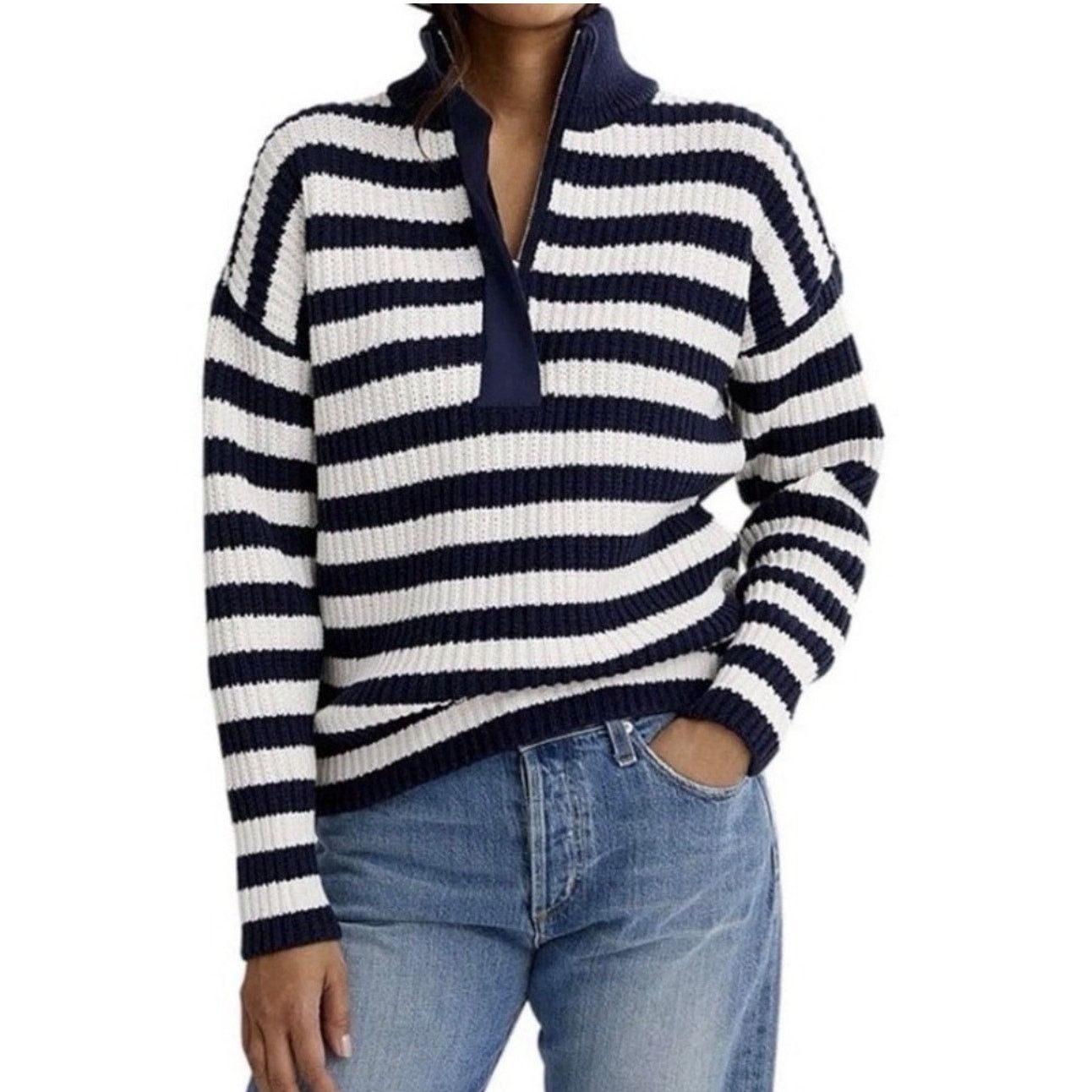 Outerknown OUTERKNOWN MONTAUK SWEATER Navy White Stripe Organic Cotton Size M / US 6-8 / IT 42-44 - 1 Thumbnail