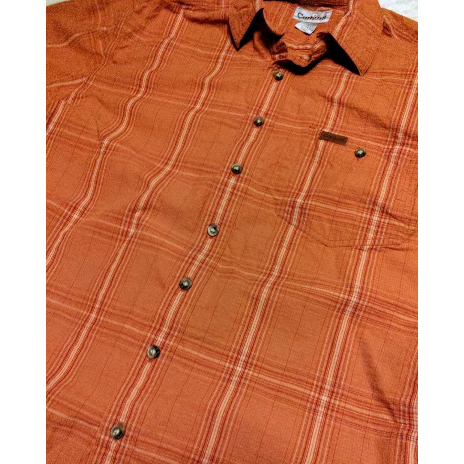 Carhartt Carhartt Shirt Mens LT Orange Plaid Cotton Relaxed Short Sleeve Button-Up Shirt Size US L / EU 52-54 / 3 - 2 Thumbnail