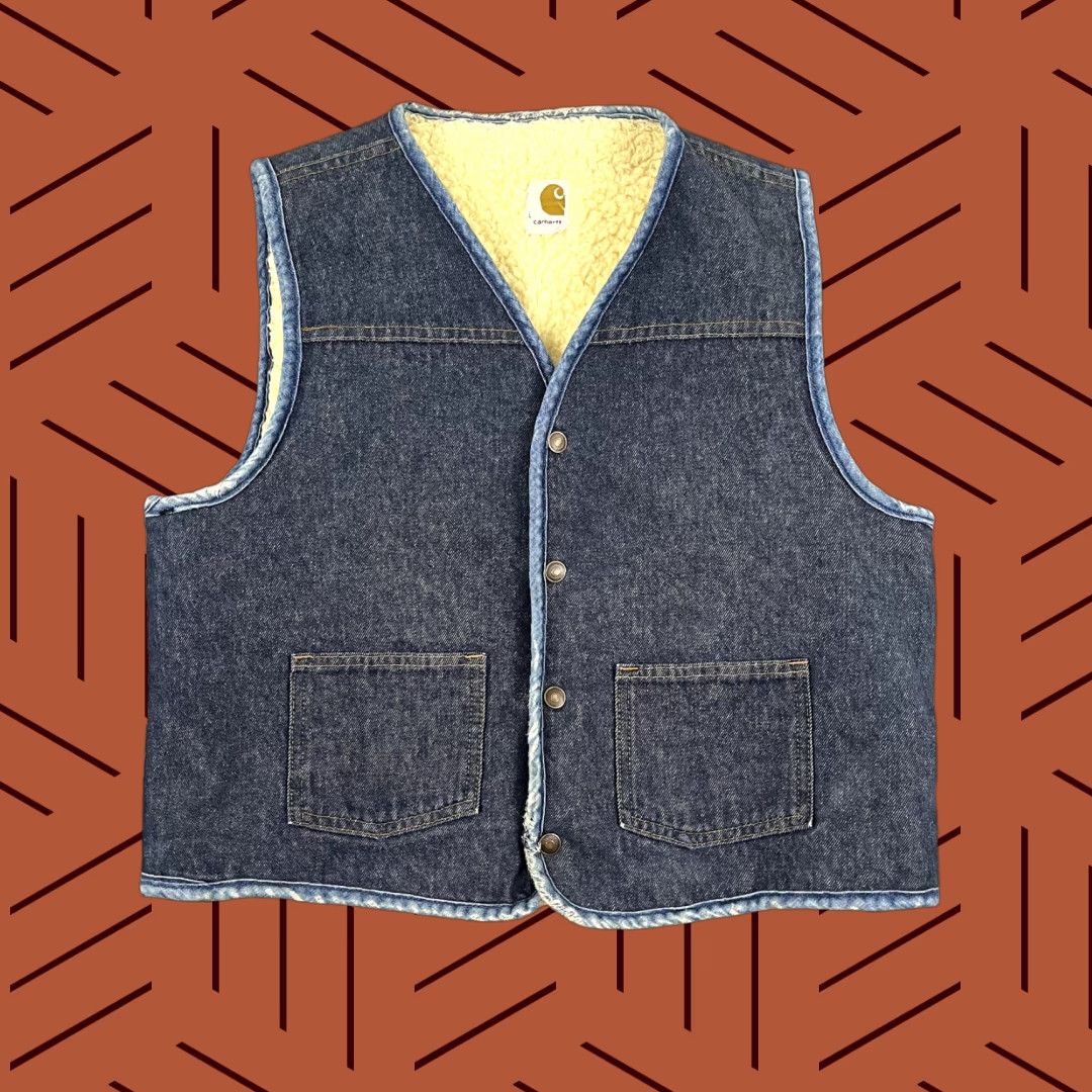 Carhartt VINTAGE Carhartt Vest Adult Large Blue Denim Sherpa Snap Distressed Western 90s Size US L / EU 52-54 / 3 - 1 Thumbnail