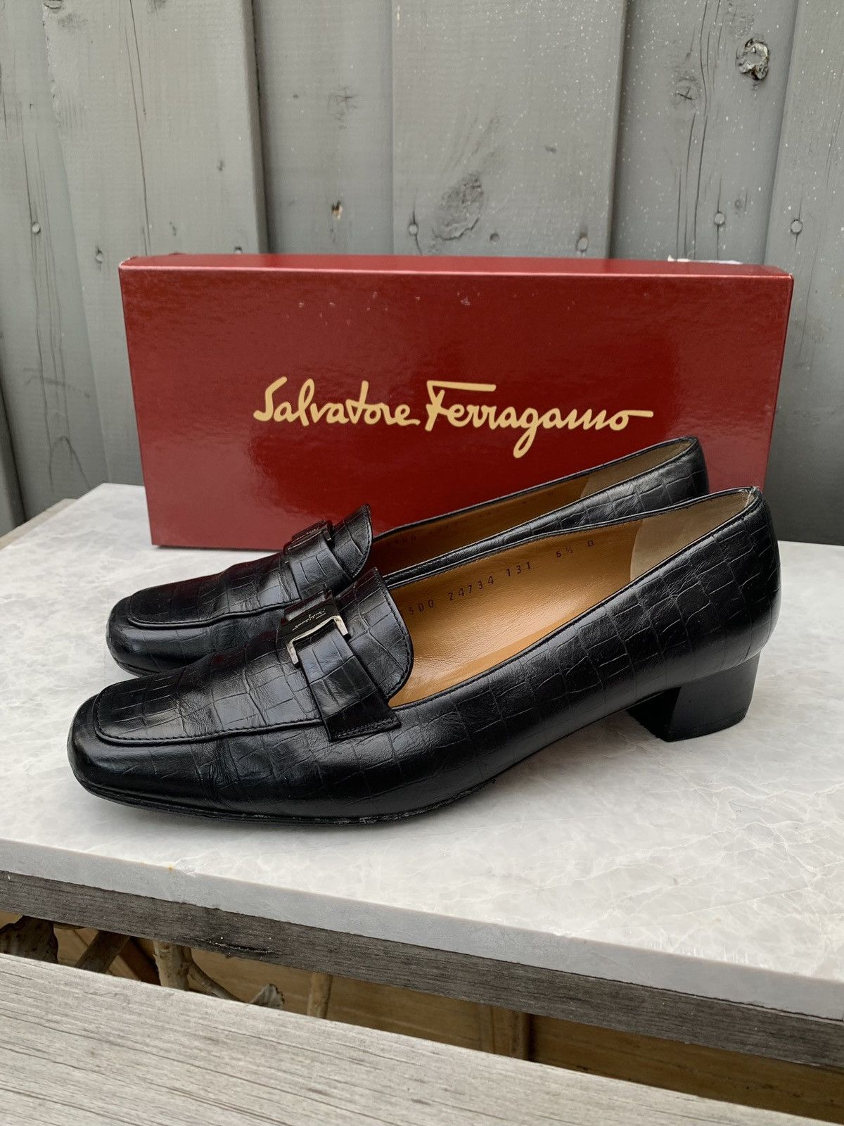 Salvatore Ferragamo Boutique Croc Leather Square Toe Shoes in Black, Women's (Size 6.5)