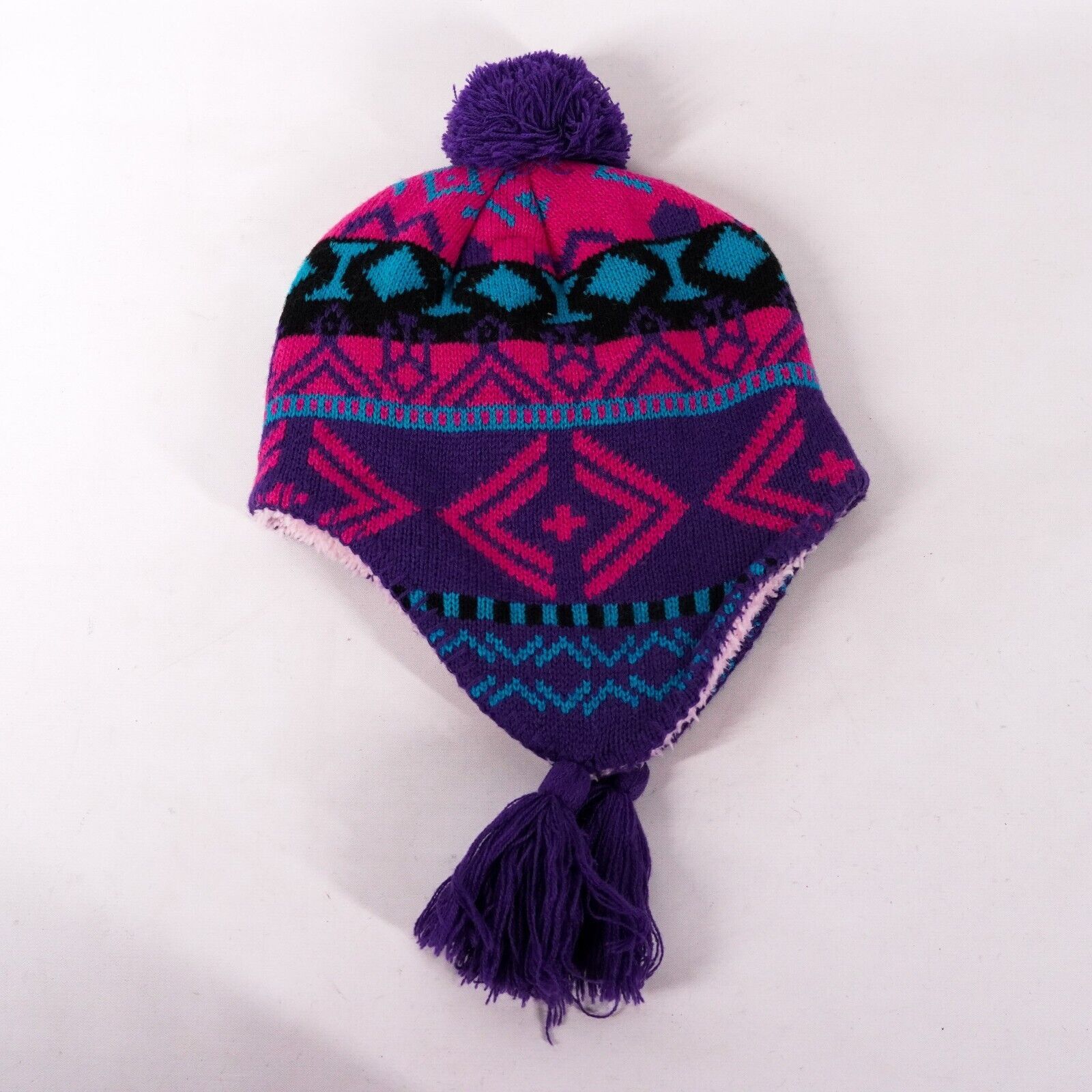 Pink Mosaic Fuzzy Knitted Beanie Cap Outdoor Winter Hat Pink Size ONE SIZE - 3 Thumbnail