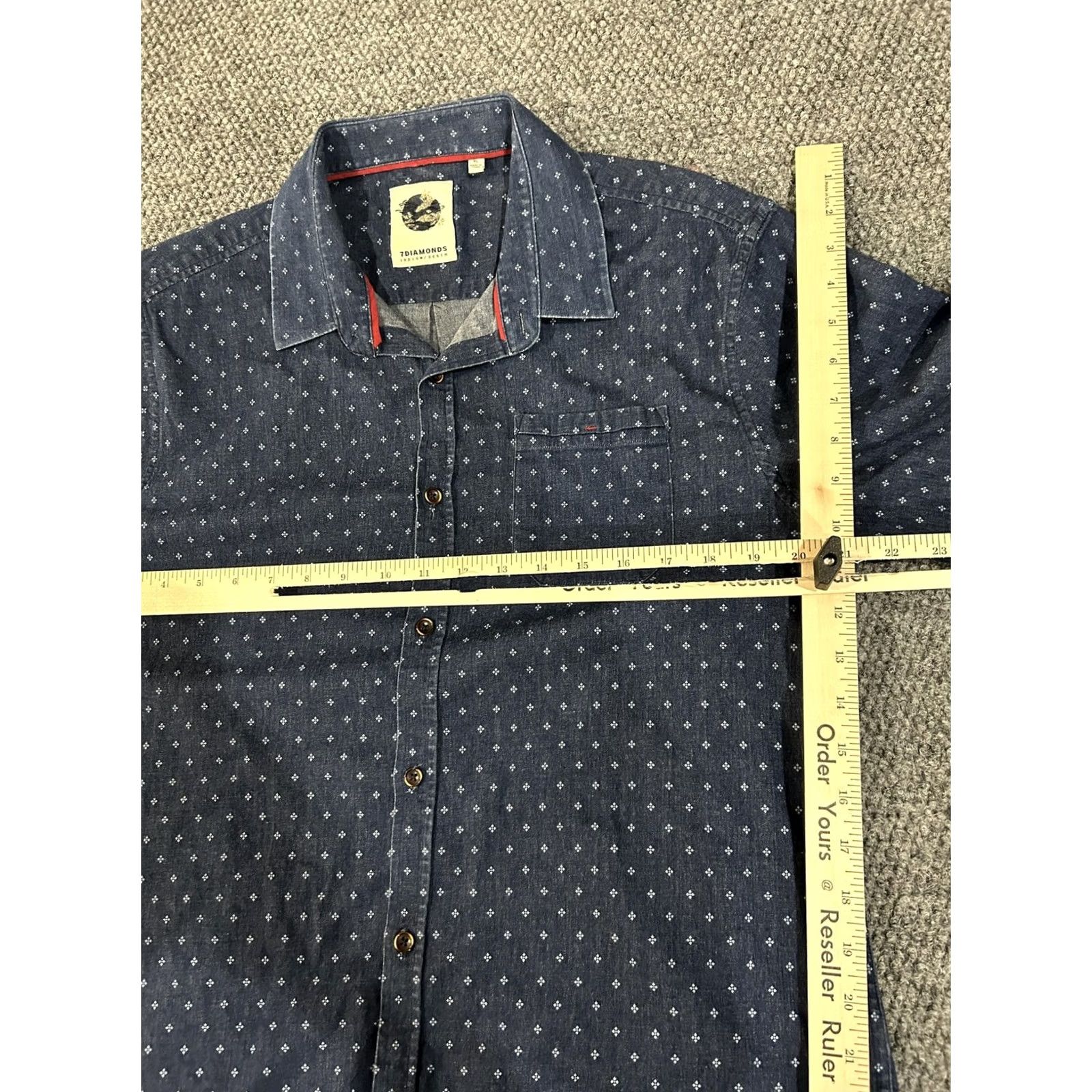 Vintage 7 Diamonds Shirt Mens XL Blue Denim Geometric Short Sleeve Button Up Stretch Size US XL / EU 56 / 4 - 5 Thumbnail