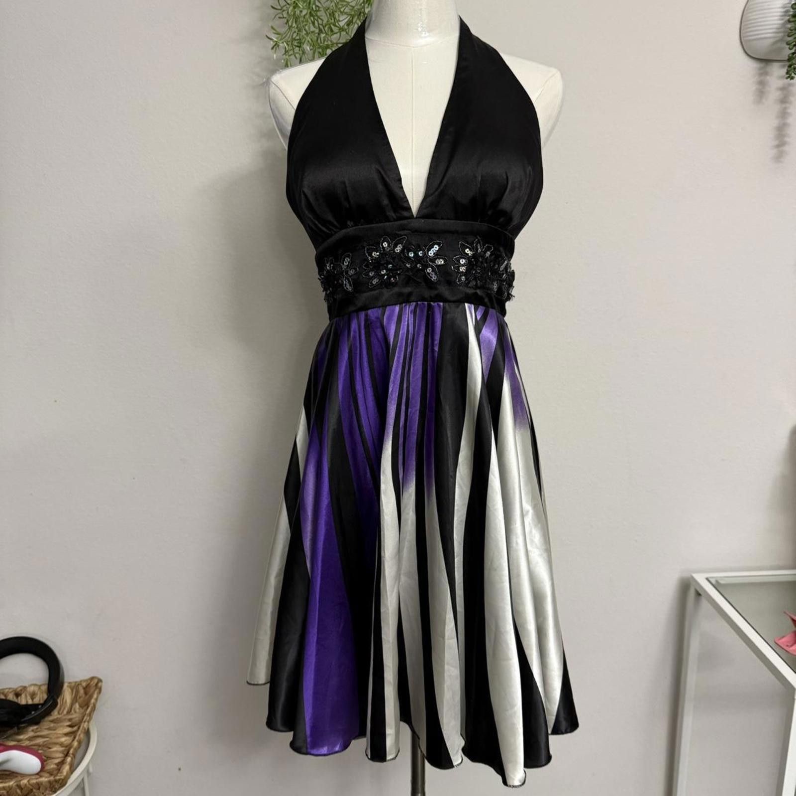 Designer Y2k whimsy goth Black & purple Ever-Pretty halter dress Size M / US 6-8 / IT 42-44 - 2 Thumbnail