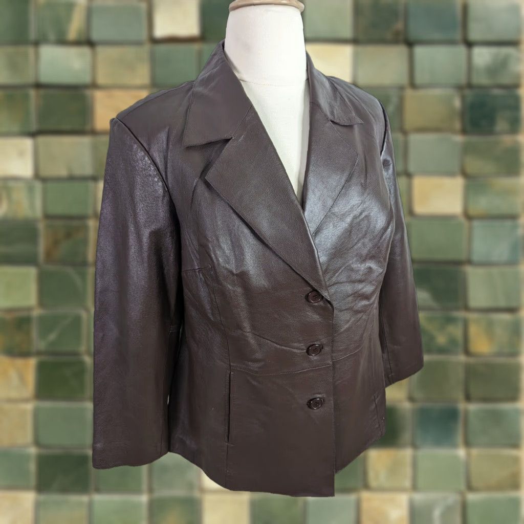Vintage VINTAGE Brown Leather Blazer Moto Bomber Coat Jacket Women 18W XL 1X Leather Jacket Womens Plus Size 00s Y2K Brown Leather Blazer Size XXL / US 16-18 / IT 52-54 - 1 Thumbnail