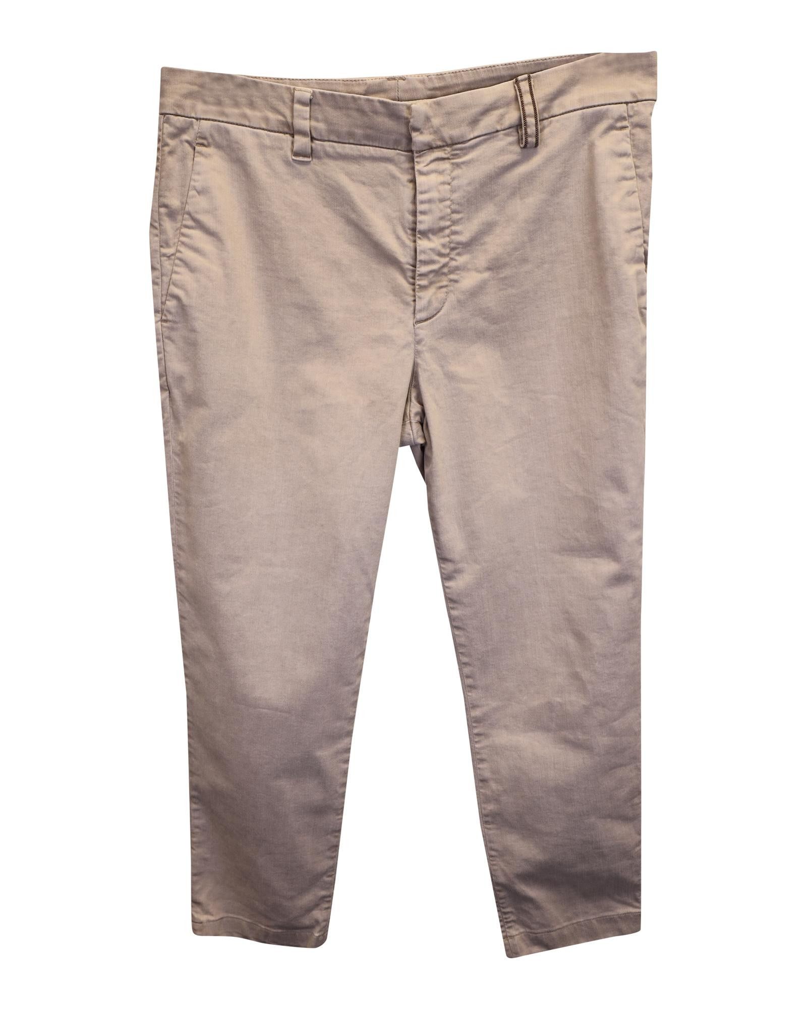 image of Brunello Cucinelli Breathable Beige Cotton Capri Pants With Practical Pockets, Women's (Size 32)