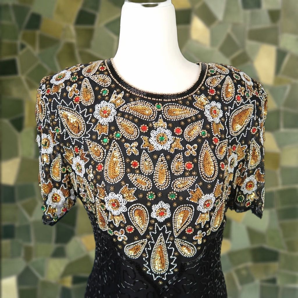 Vintage VINTAGE Laurence Kazar Cocktail Dress Silk Beaded Sequin Black Gold M Adults Women (1980s) Size M / US 6-8 / IT 42-44 - 1 Thumbnail