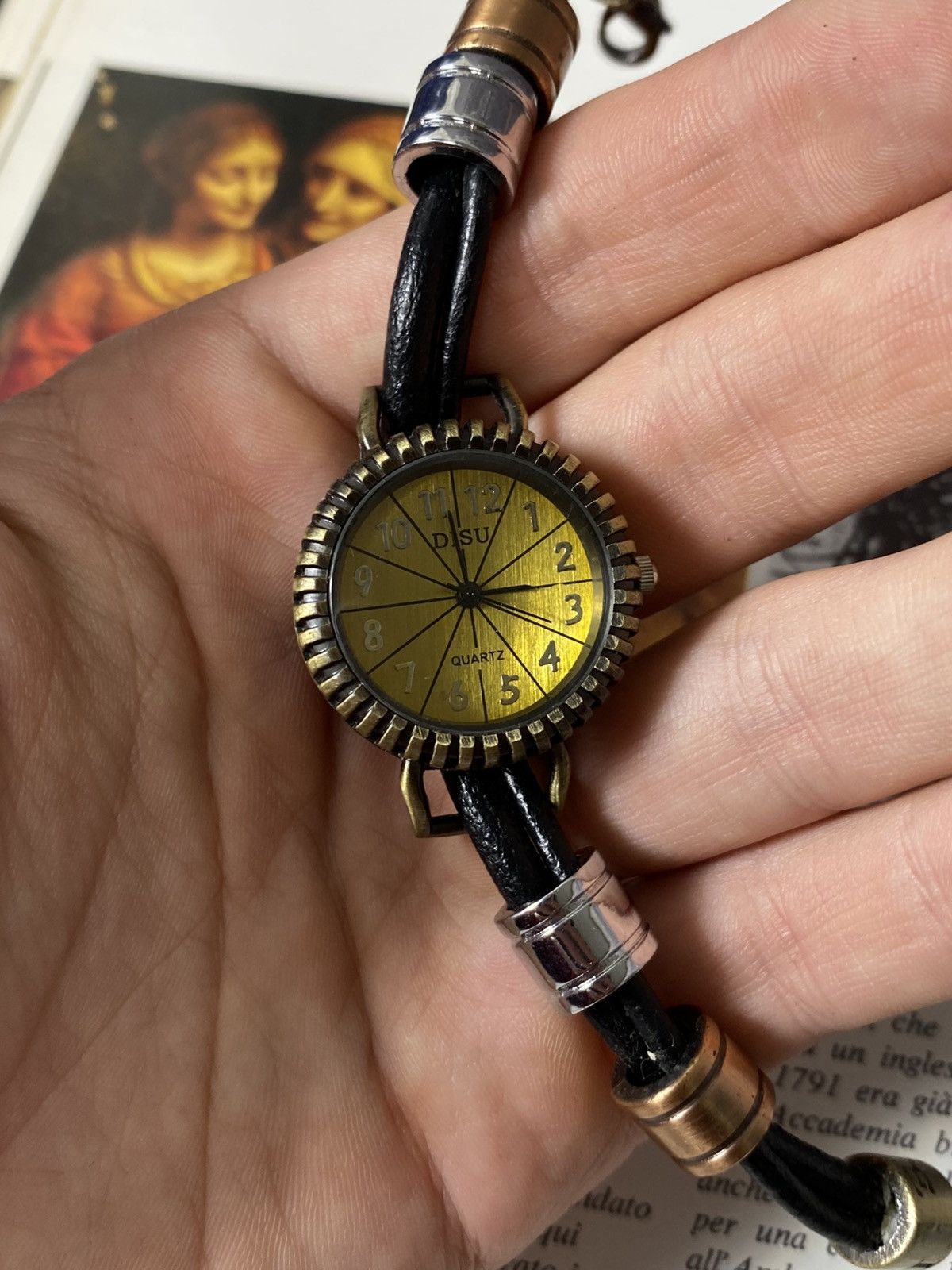 Japanese Brand Vintage DISU Bronze Tone Watch Black Leather Strap Boho Size ONE SIZE - 4 Thumbnail