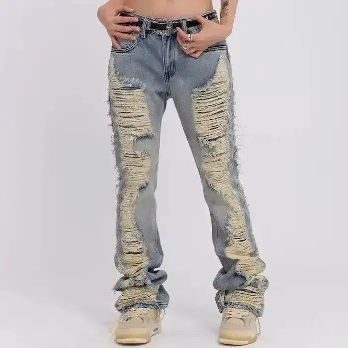 Japanese Brand Ripped Frayed Hole Blue Washed Jeans Size US 34 / EU 50 - 4 Thumbnail