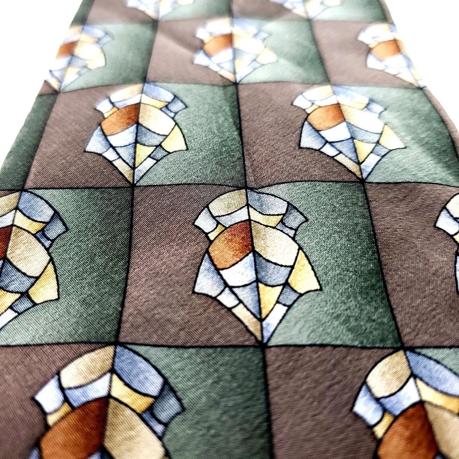 Vintage Cocktail Collection Silk Tie Green Brown Geometric USA Hands Size ONE SIZE - 2 Thumbnail