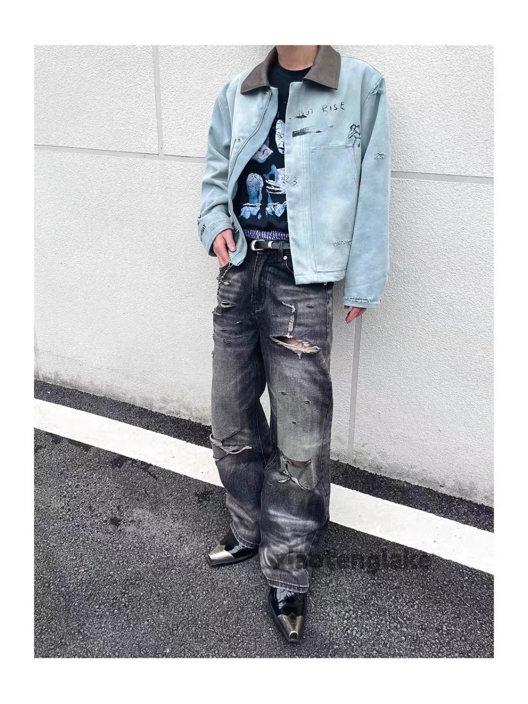 Jean Unisex washed faded punk grunge hiphop ripped jeans Size US 34 / EU 50 - 3 Thumbnail