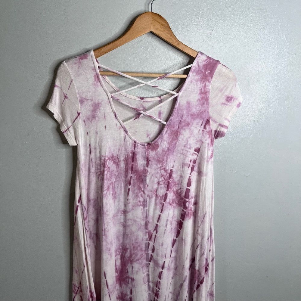 Designer Tie Dye Tunic Dress with Criss Cross Back. Pink White Small Size ONE SIZE - 4 Thumbnail