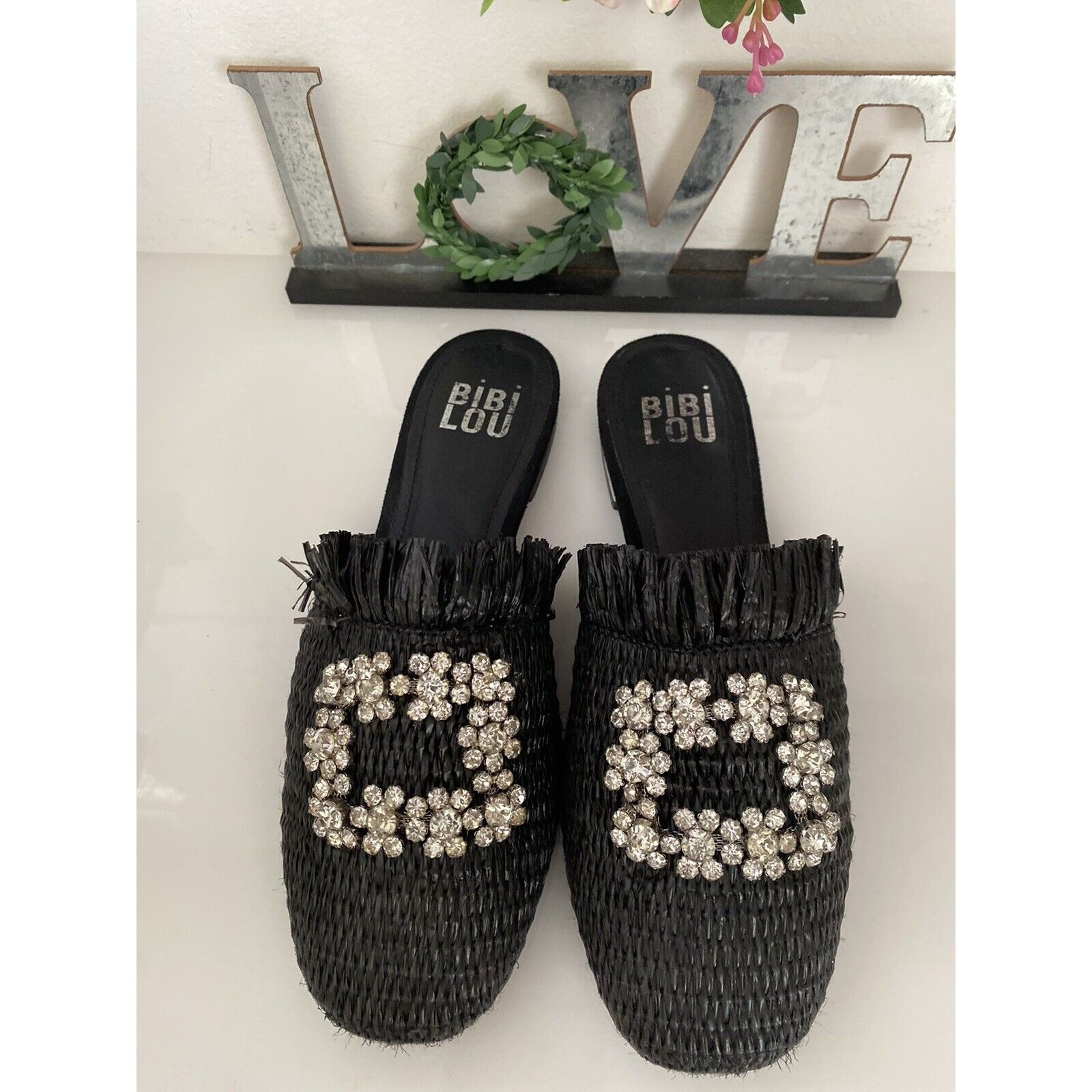 Vintage Bibi Lou Raffia Gem Jeweled Mule Slide Slip On Slipper Shoes Size US 6 / IT 36 - 17 Thumbnail