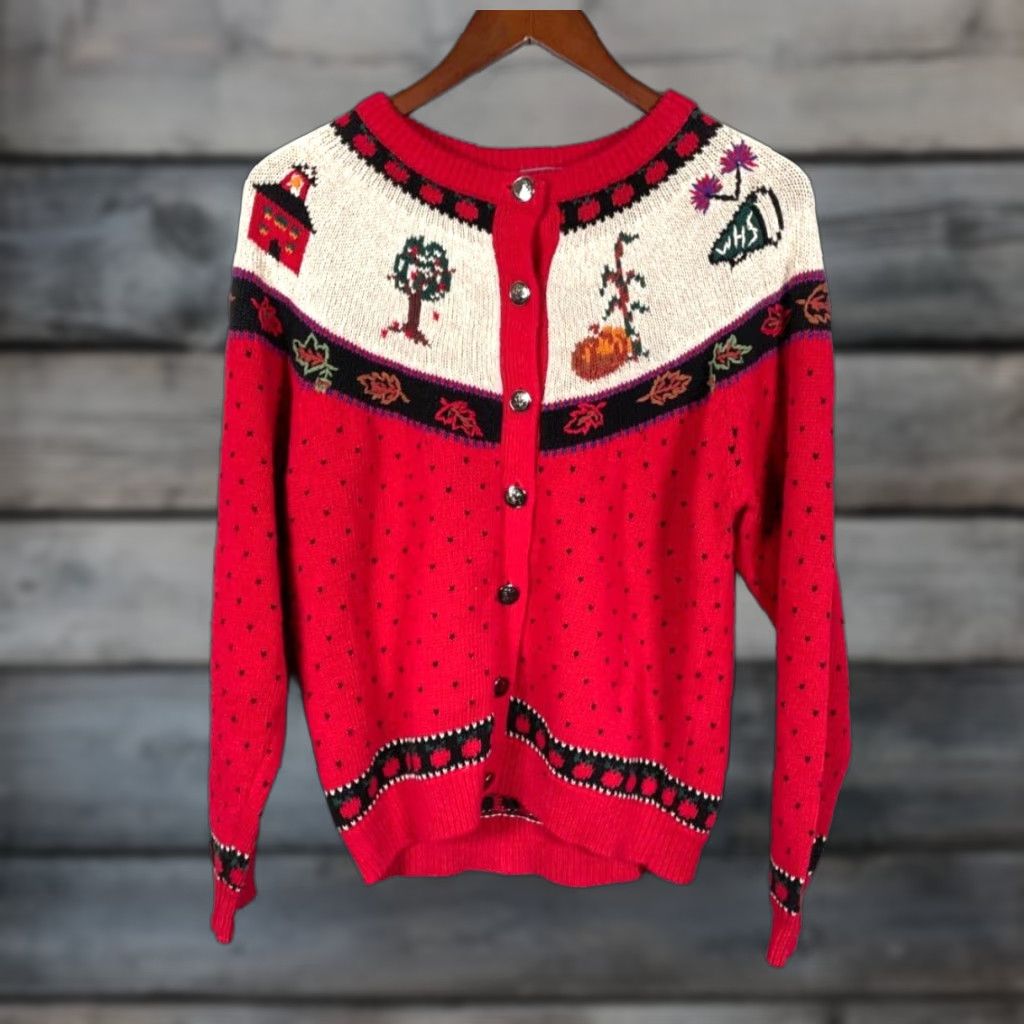 Vintage Woolrich Cardigan Women's Small Red Beige Autumn Motif Embroidered Crew Neck Knit Geometric Ramie-Cotton Lightweight Vintage: No Size S / US 4 / IT 40 - 1 Thumbnail