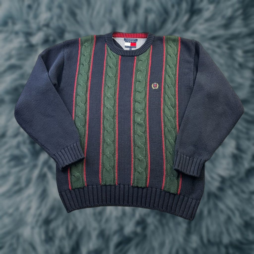 Tommy Hilfiger VINTAGE Tommy Hilfiger Sweater Mens Large Blue Pullover Cable Knit Heavy Chunky Size US L / EU 52-54 / 3 - 1 Thumbnail