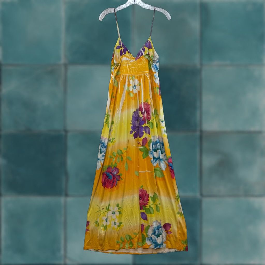 Vintage VINTAGE Y2K Voll Maxi Dress Yellow Floral Slinky Stretch Boho Tropical McBling L Large Womens Size L / US 10 / IT 46 - 1 Thumbnail