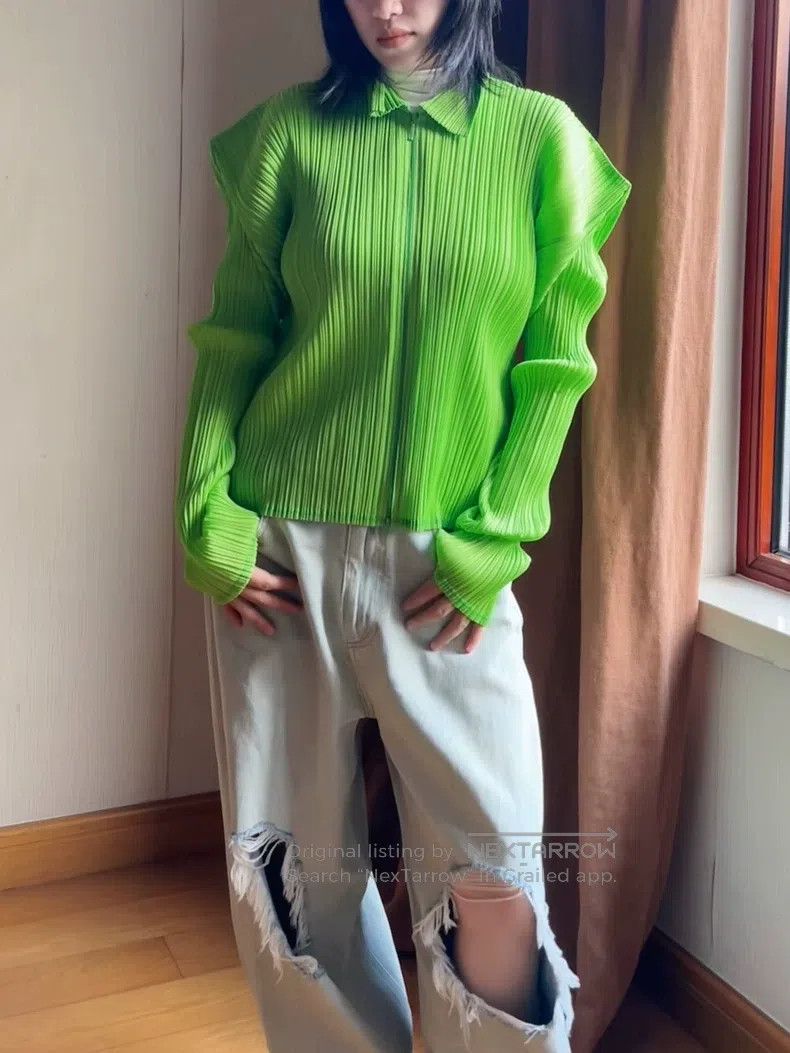 Issey Miyake Issey Miyake Bright Green Zipper Cardigan Size L / US 10 / IT 46 - 1 Thumbnail