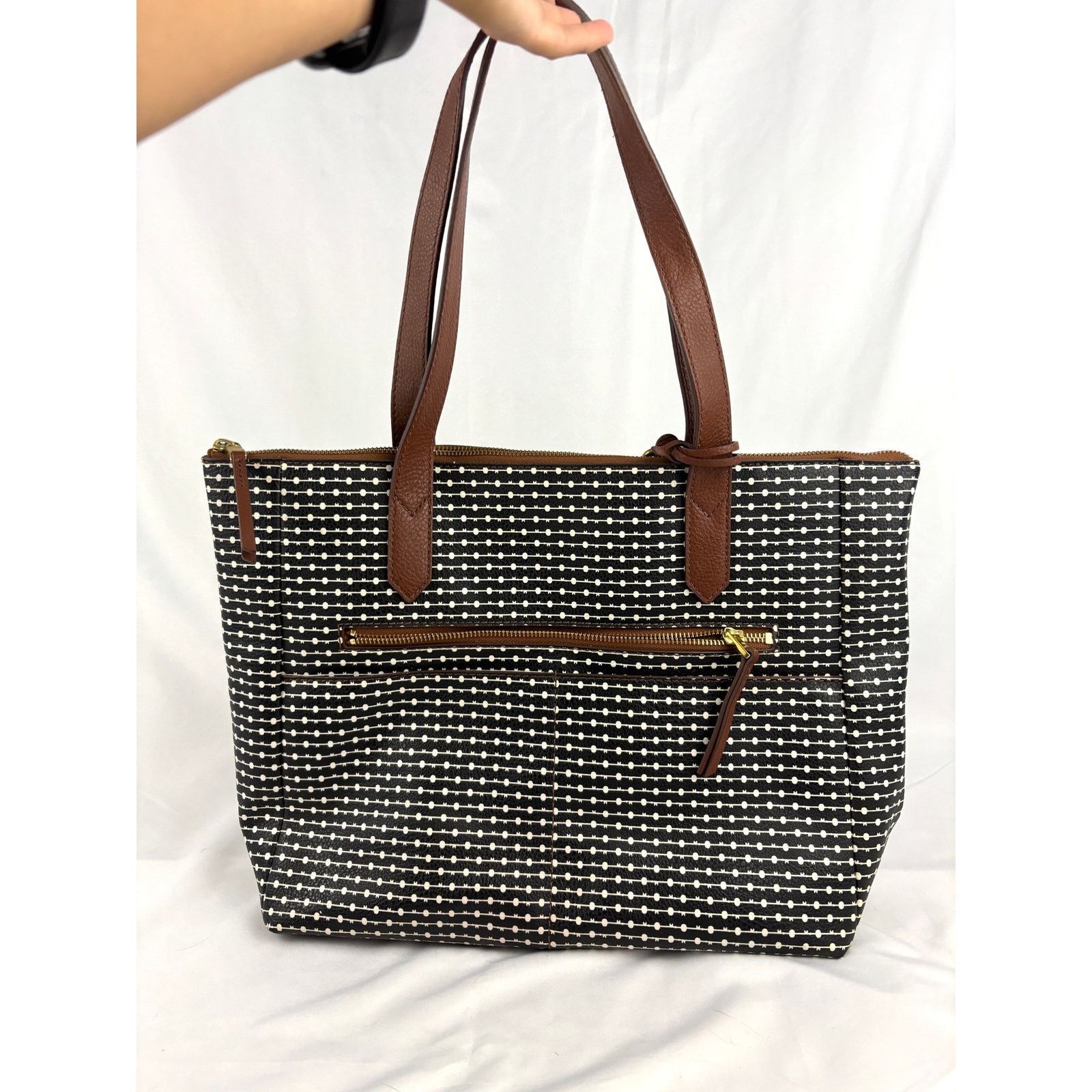 Fossil Fossil Rachel Leather Black Striped Tote Purse Classic Size ONE SIZE - 12 Thumbnail