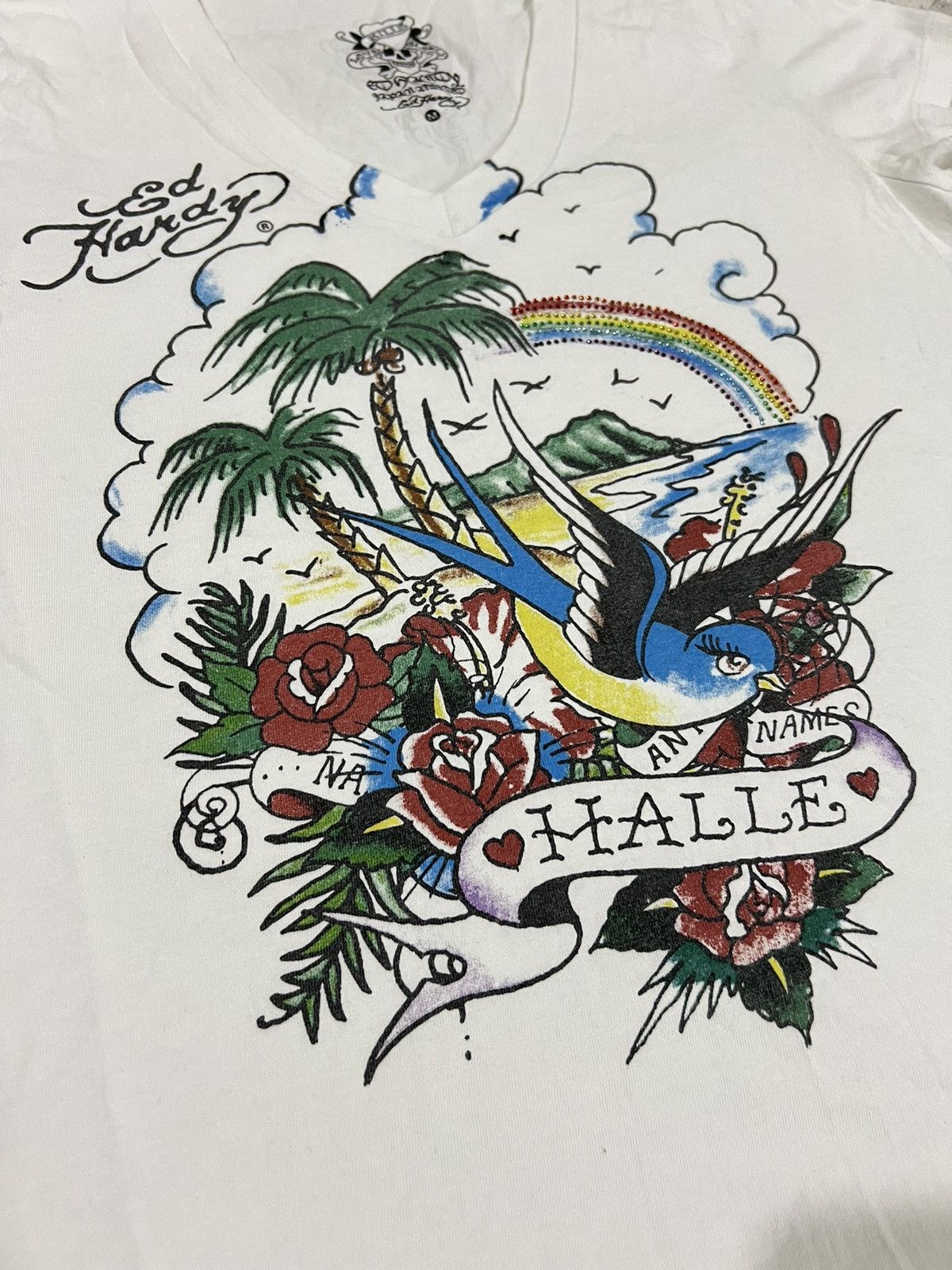 Christian Audigier × Ed Hardy Y2K Ed Hardy 🇯🇵 Ltd Swallow Graphic Swarovski V Neck Shirt Size M / US 6-8 / IT 42-44 - 2 Thumbnail
