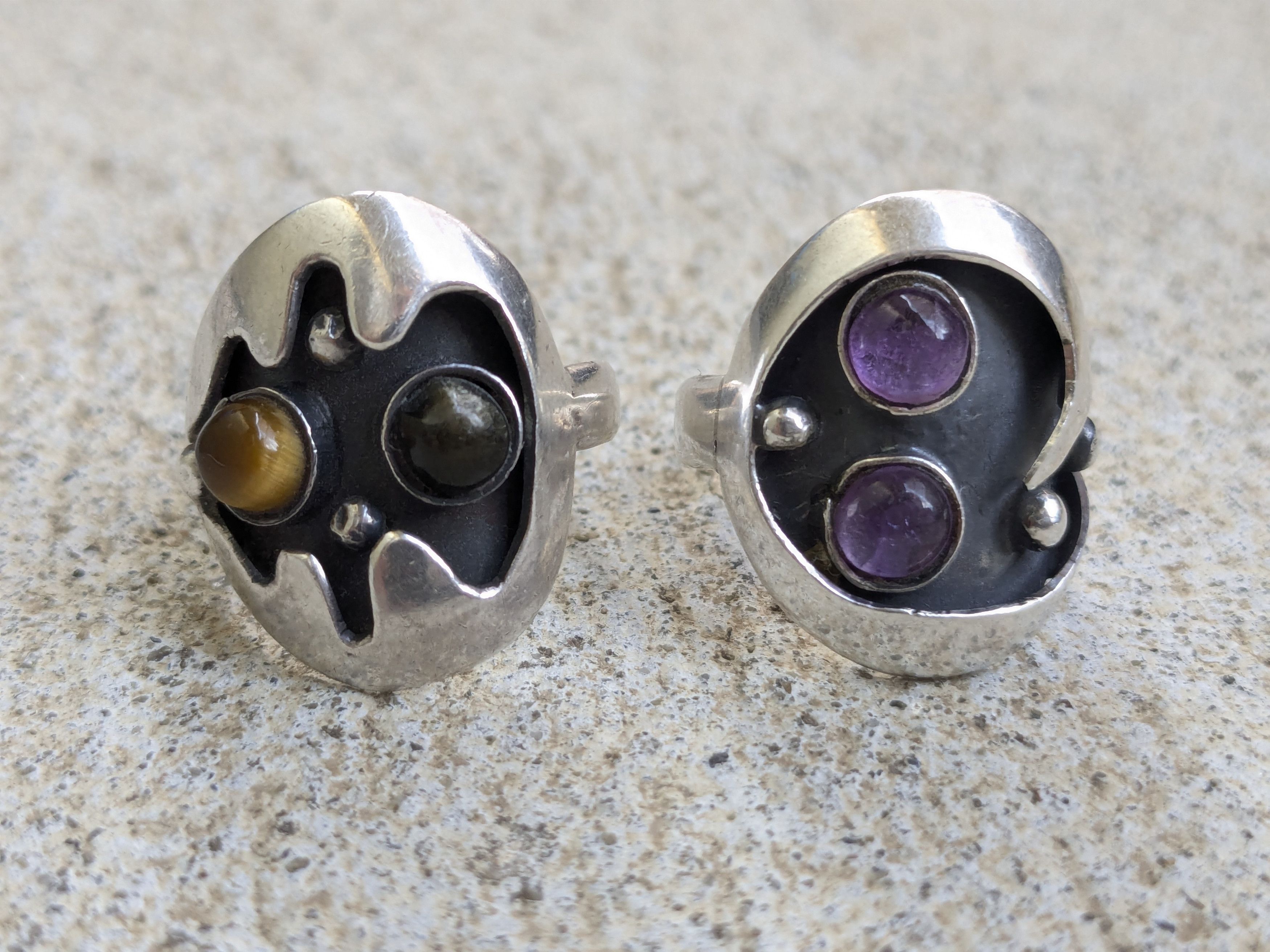 Jewelry Vintage Taxco Sterling Silver Rings Amethyst Tiger Eye Size ONE SIZE - 3 Thumbnail