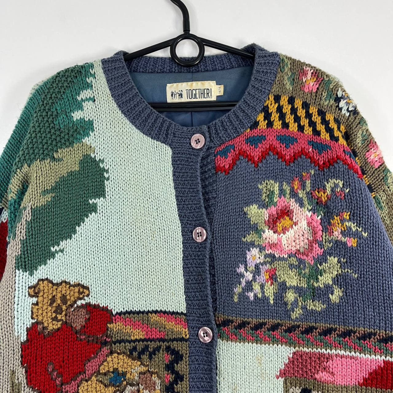Other Together Patchwork Knitted Cardigan Womens Vintage Sz 14 /16 Size L / US 10 / IT 46 - 2 Thumbnail