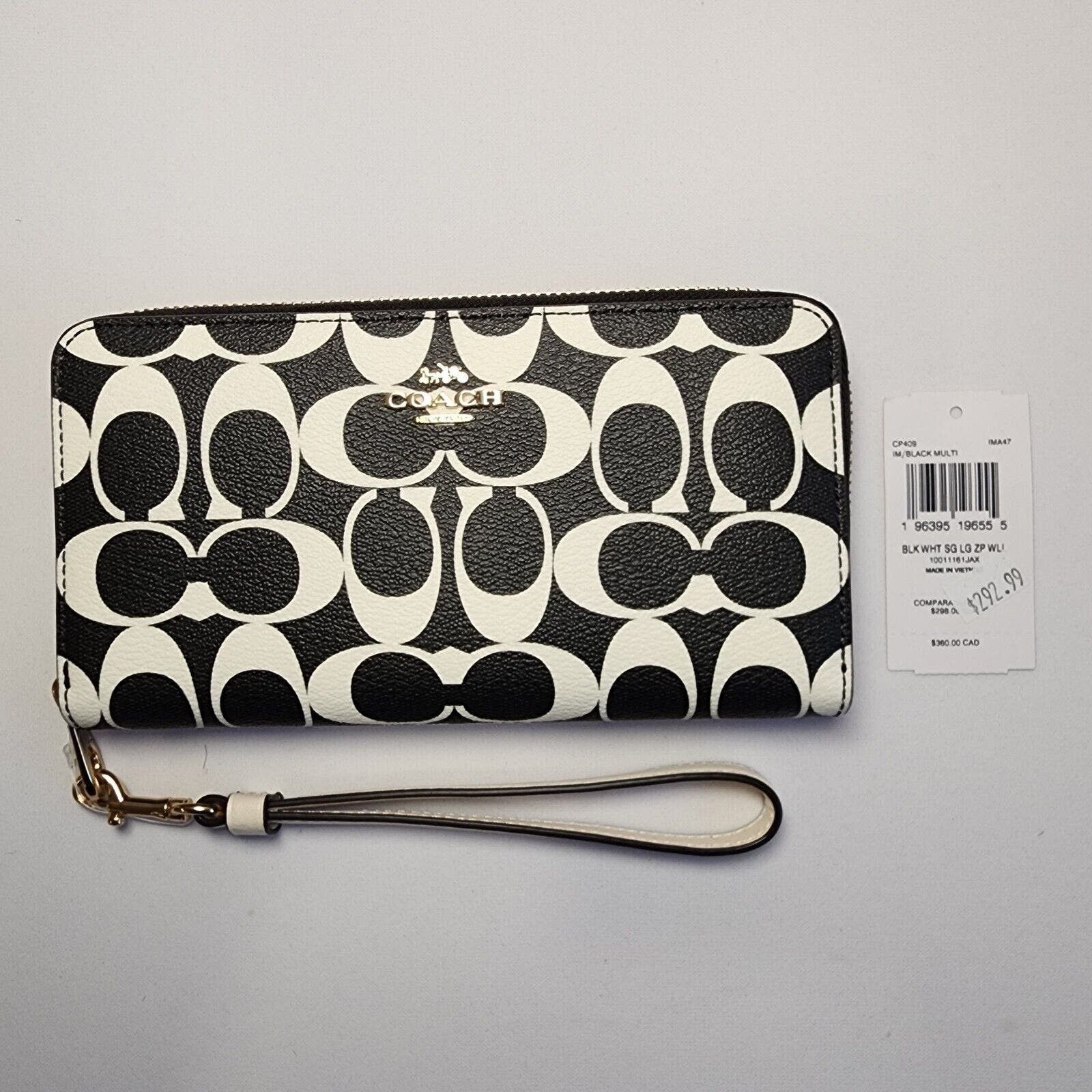 image of NWT Coach Cp409 Black White Signature Long Zip Around Wallet, Women's