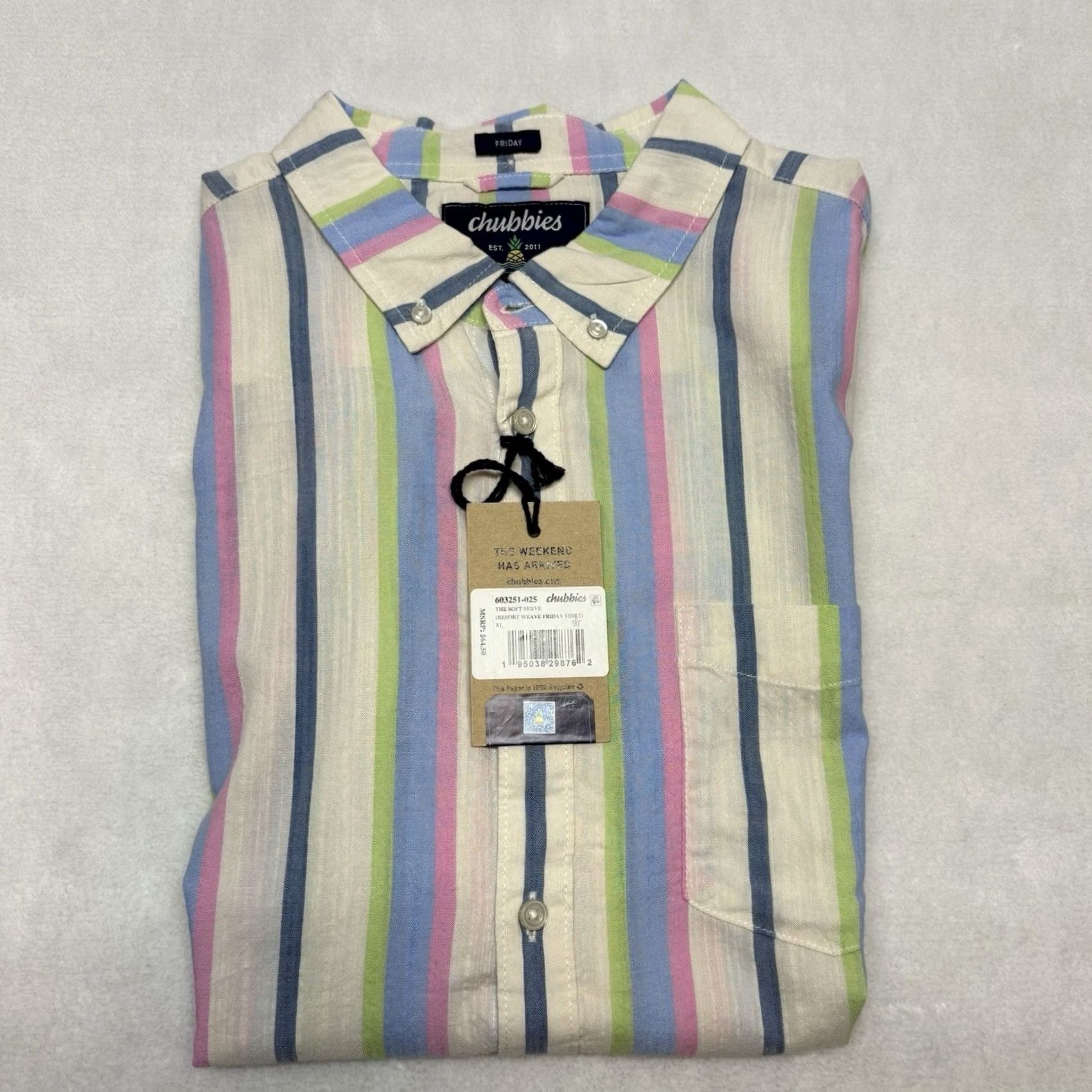 Chubbies Chubbies White Short Sleeve Button Up Shirt - Soft Serve Friday Stripes Size US XL / EU 56 / 4 - 8 Thumbnail