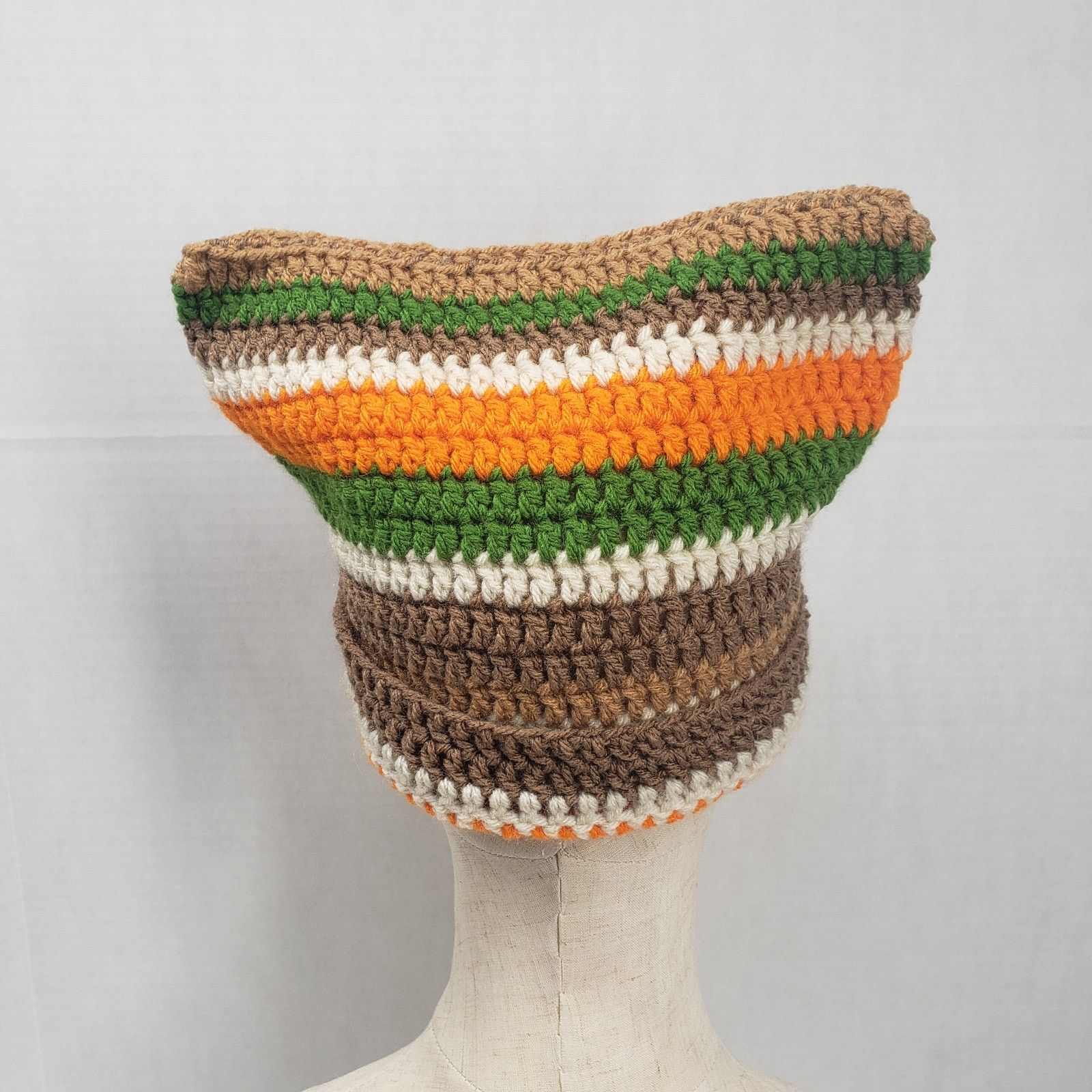 Handmade Cat Ear Beanie Crochet Hat Brown Green Stripe Handmade Knit Size ONE SIZE - 3 Thumbnail