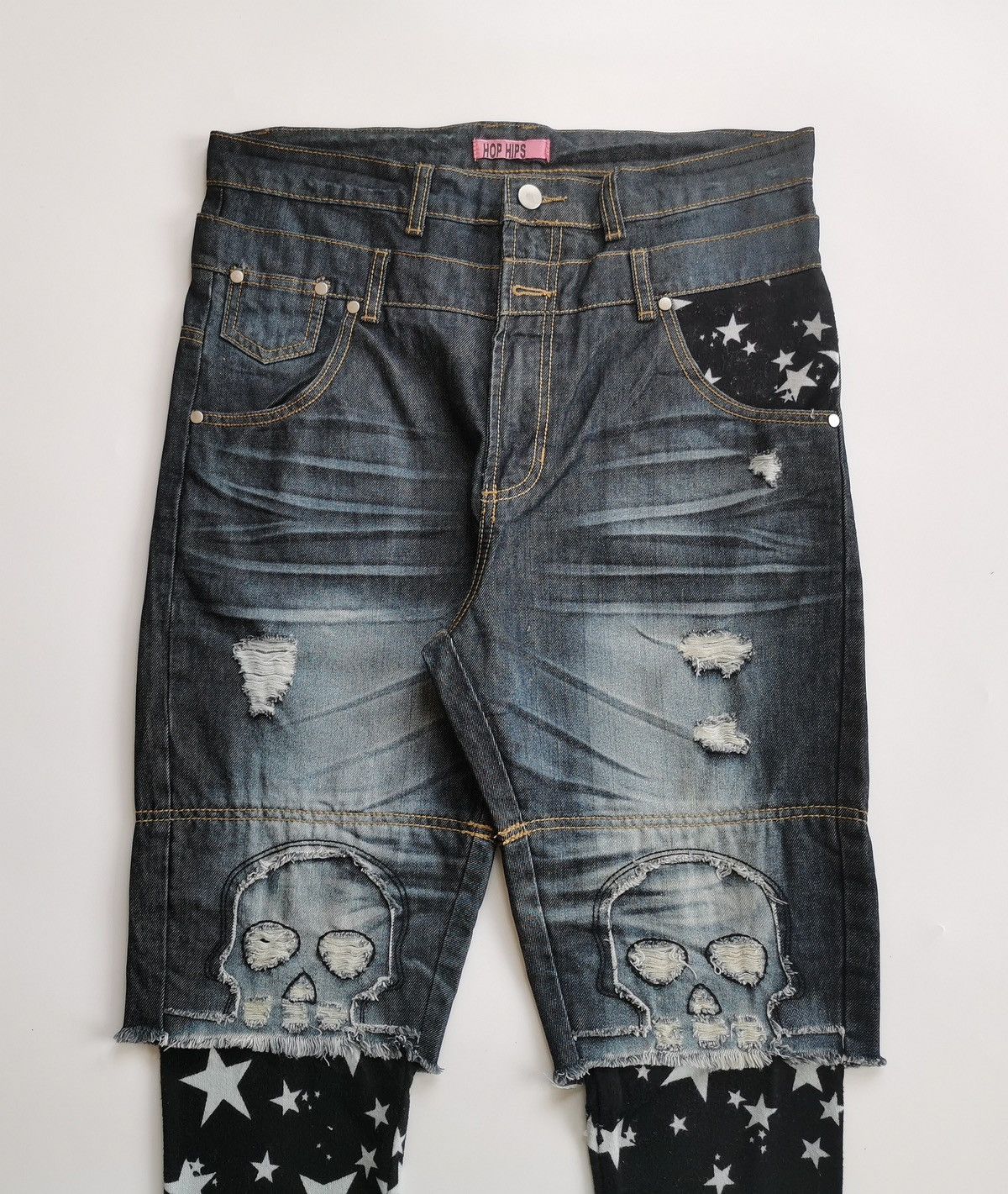 Kapital Hop Hips Punk Skull Star Double Waist Legging Denim Jeans Size US 33 - 3 Thumbnail