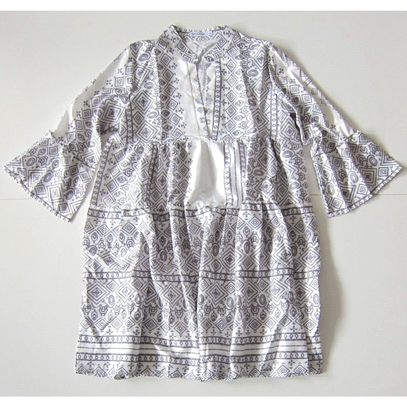 Vintage Misslook Grey White Abstract Geometric Empire Tunic Peasant Dress Women 2XL Size XXL / US 16-18 / IT 52-54 - 2 Thumbnail