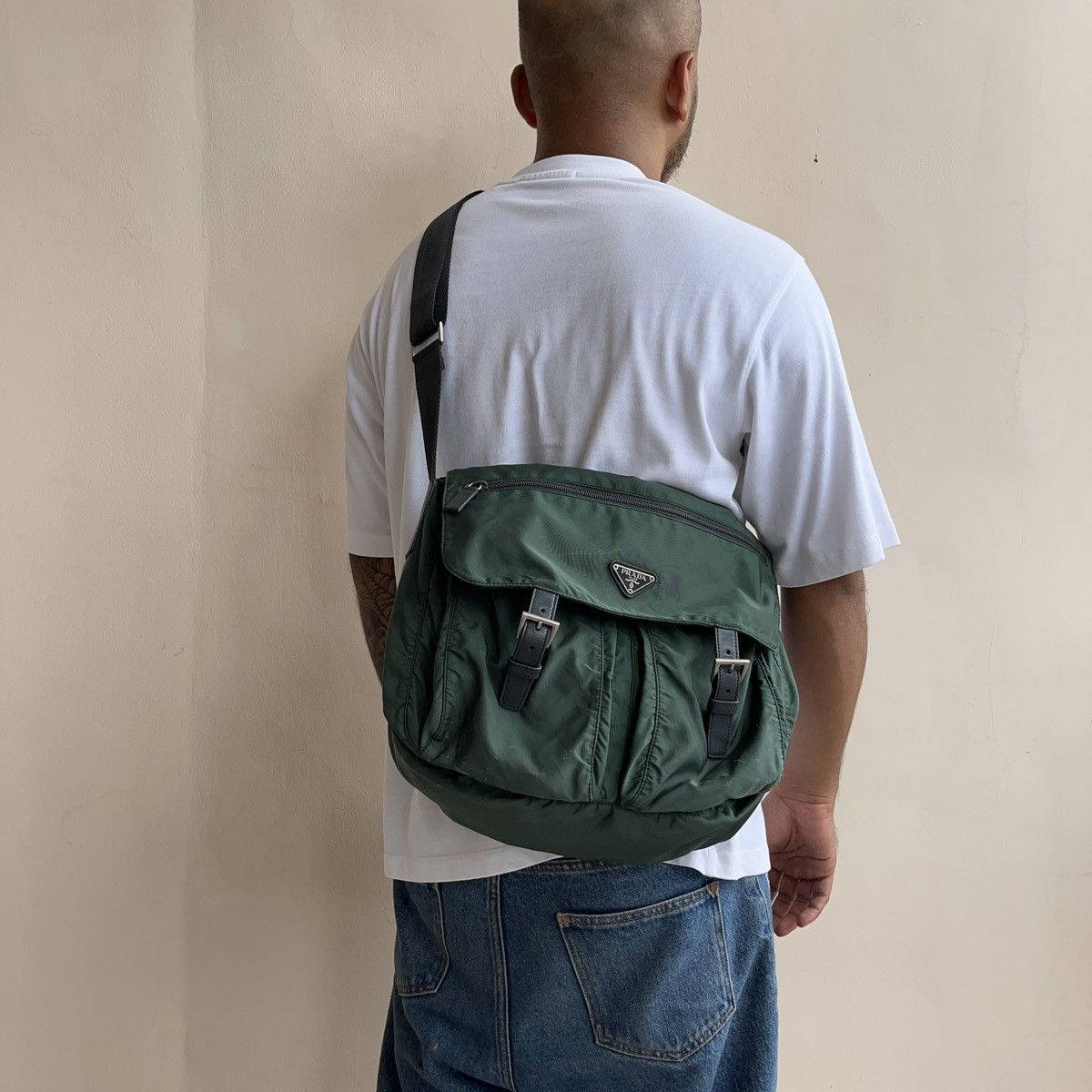 Vintage Prada Nylon Messenger Bag in Green, Men's