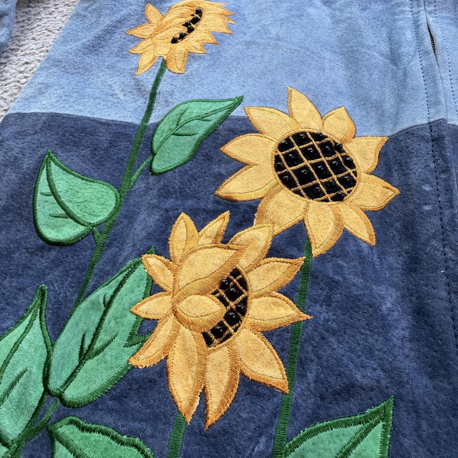 Other Vintage Sunflower Suede Leather Jacket Blue Embroidered Size M / US 6-8 / IT 42-44 - 6 Thumbnail