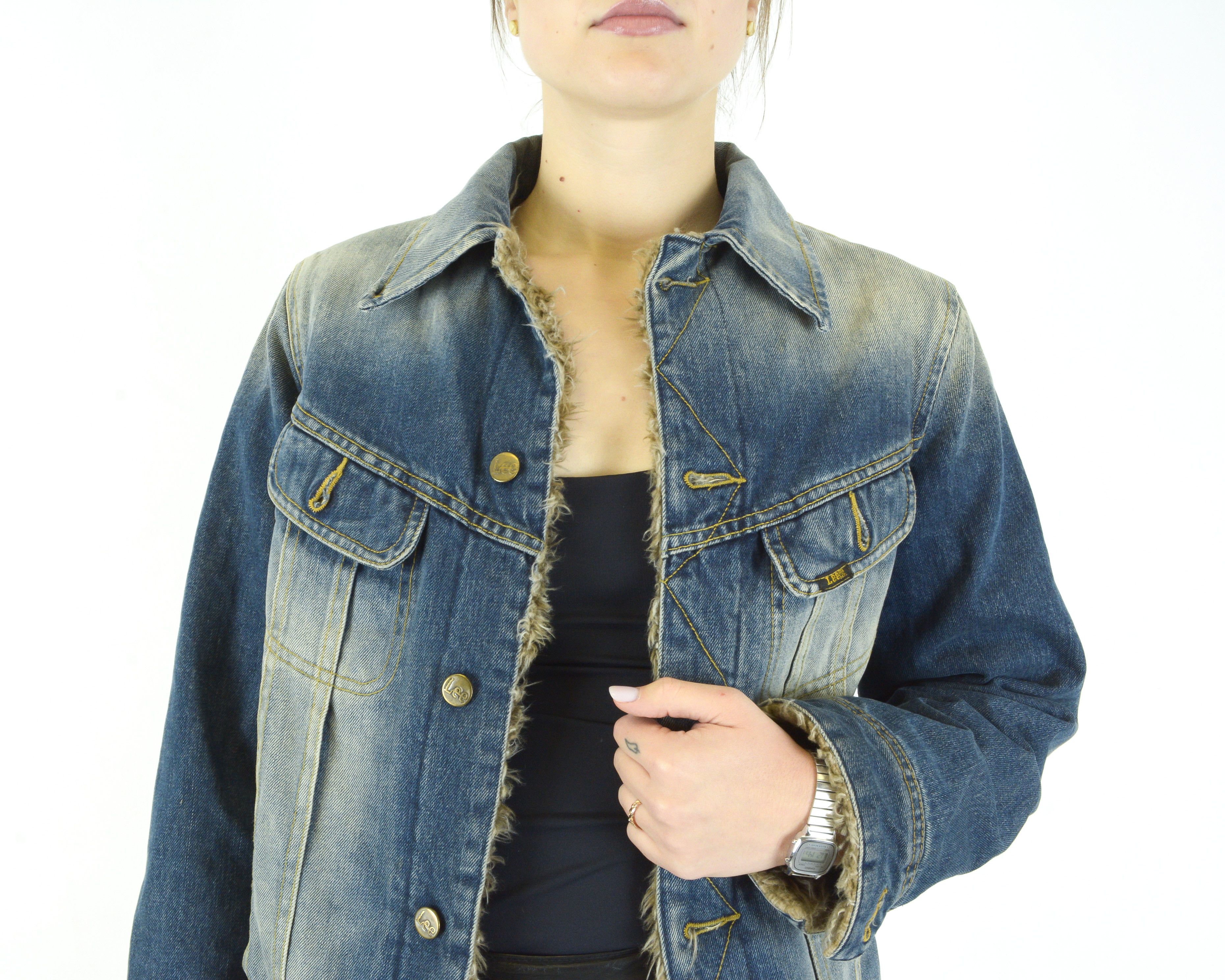 Lee × Vintage M Denim Jean Jacket Blazer Top Faux Fur Padded Button Up Size M / US 6-8 / IT 42-44 - 4 Thumbnail