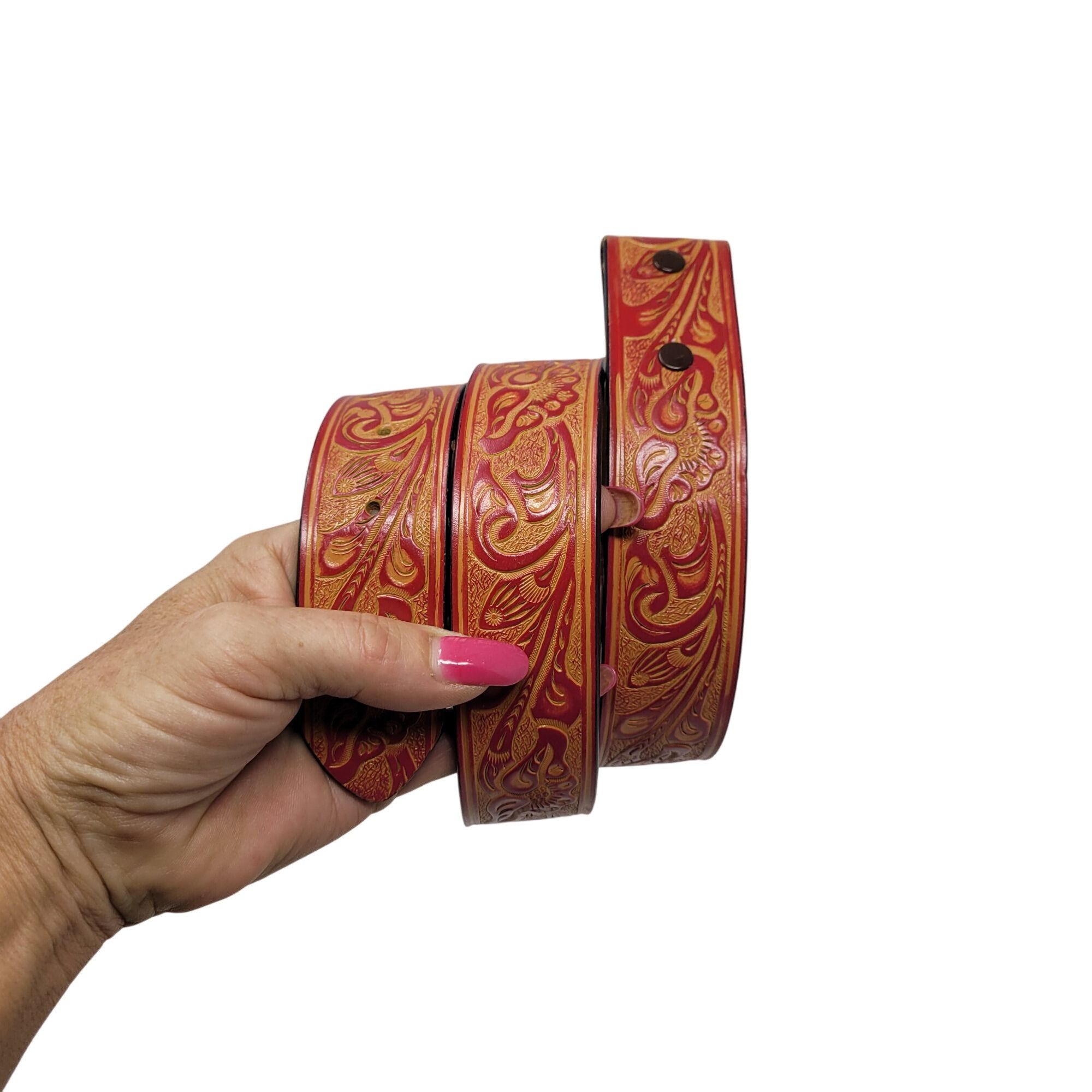 Vintage Vintage Style Tooled Bonded Leather Red Belt S Floral Design Size ONE SIZE - 11 Thumbnail
