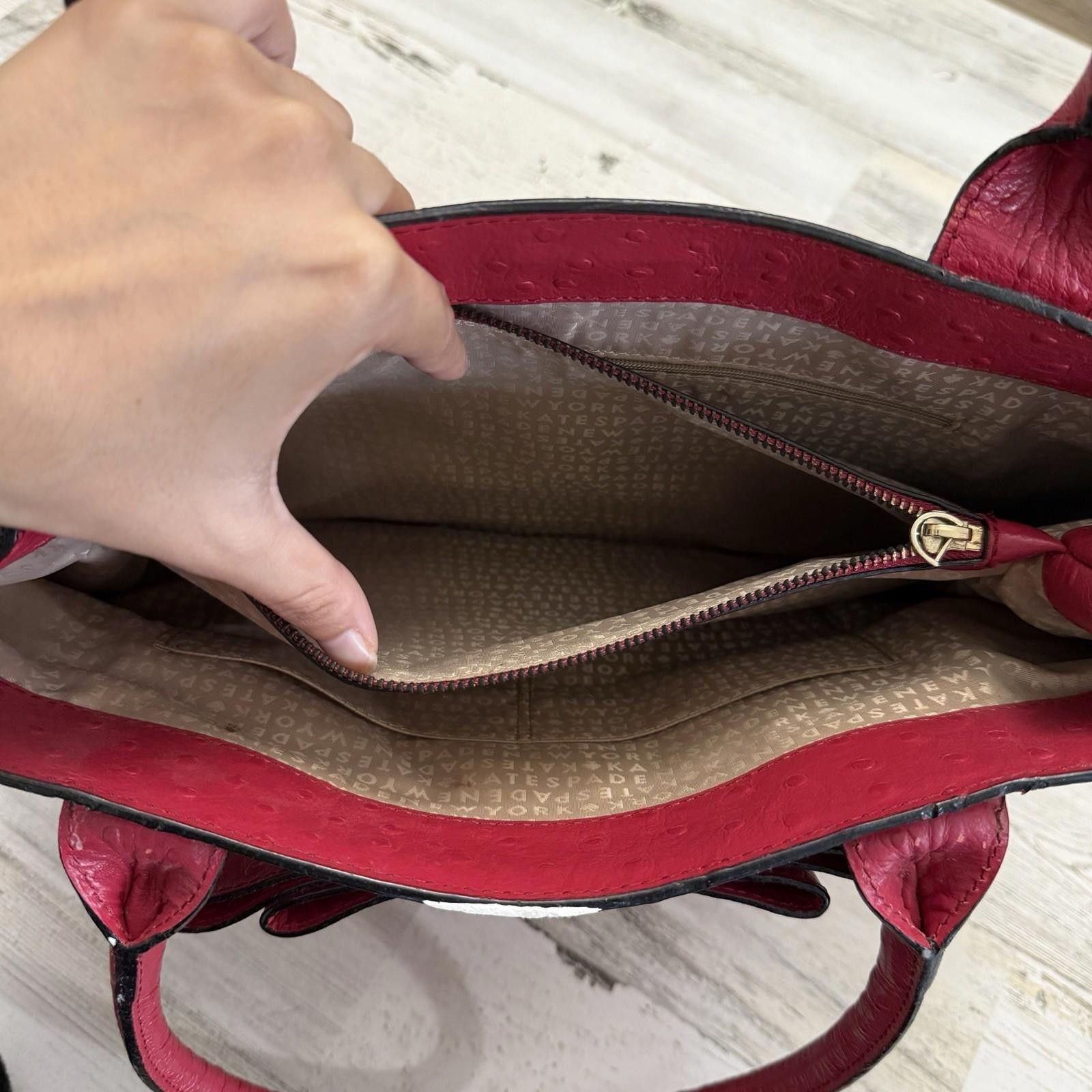 Designer Kate Spade Large Red Leather Ostrich Embossed Tote Bag Size ONE SIZE - 8 Thumbnail