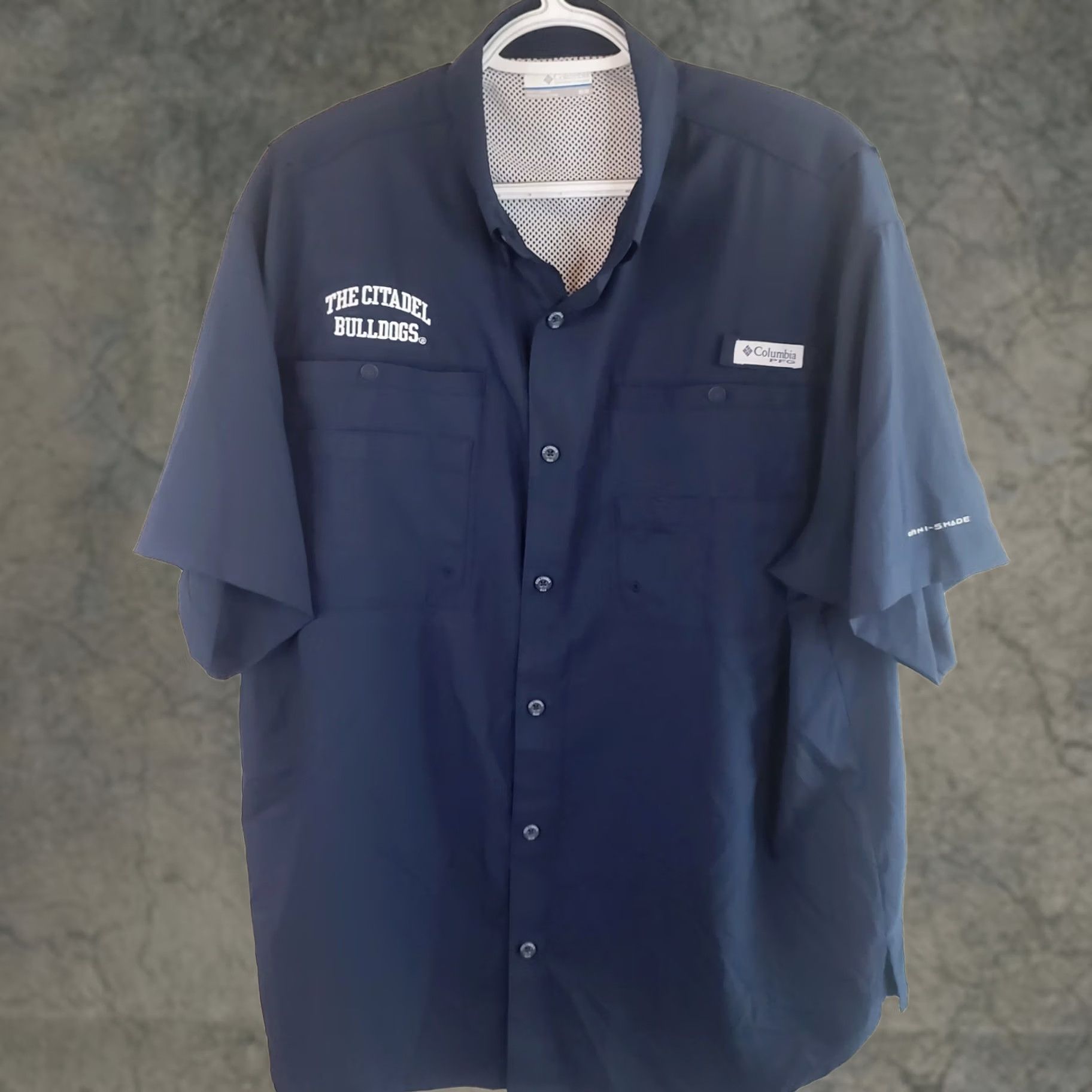 Vintage COLUMBIA PFG Citidel Bulldogs Slack Tide Camp Fishing Shirt Navy SS Men M Vented Size US M / EU 48-50 / 2 - 1 Thumbnail