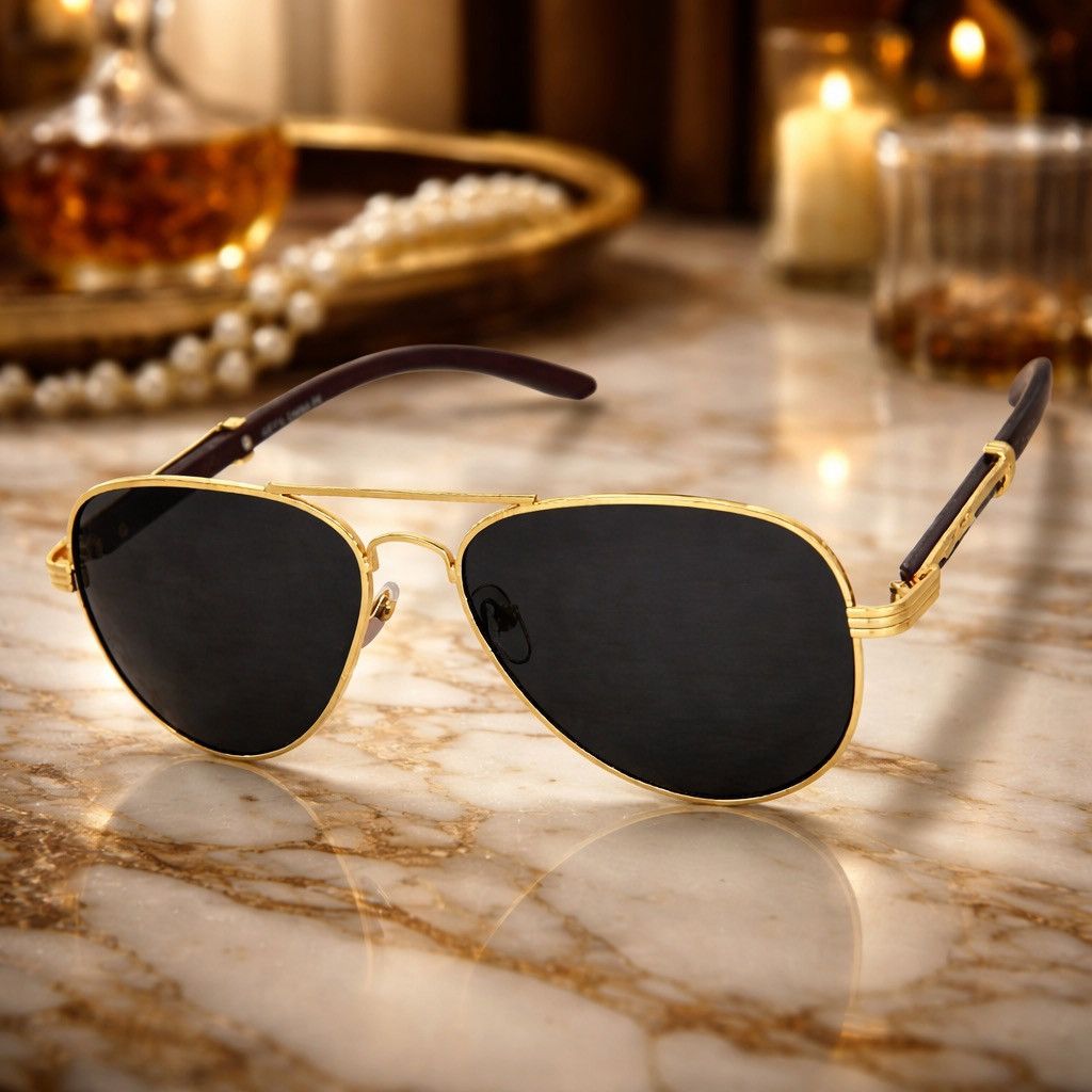 Other Luxury Gold Metal Sunglasses Black Lens Wood Grain Print Arm Size ONE SIZE - 1 Thumbnail