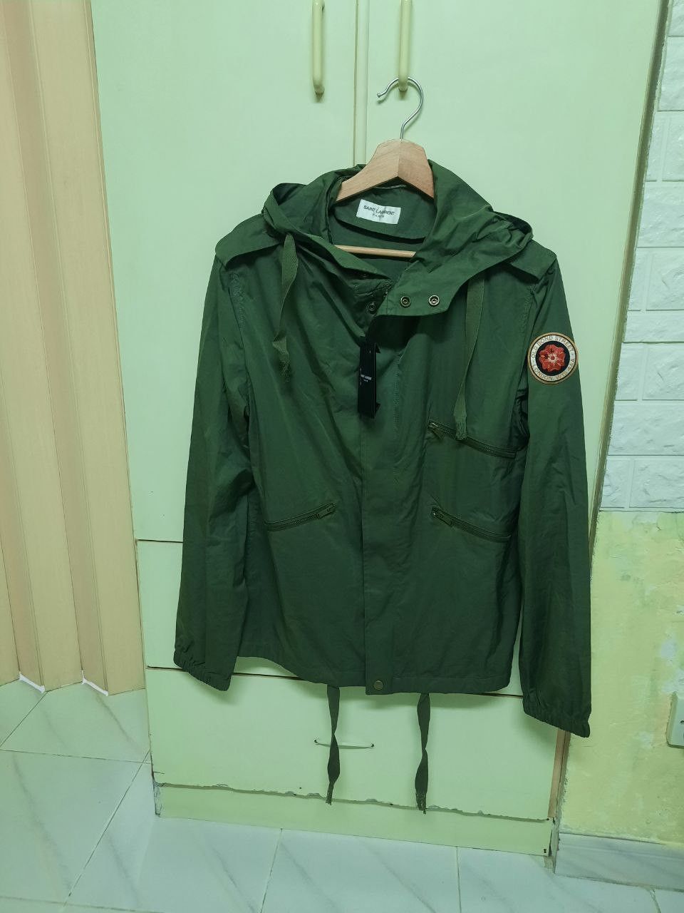 image of Saint Laurent Paris Old Bond Street Windbreaker Hooded Vintage Parka in Olive Green (Size Small)